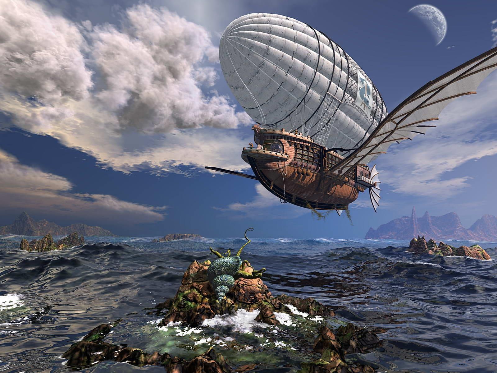 Steampunk, sea, Flight, clouds, ocean, mechanical, fantasy, 720P, ship, HD Wallpaper