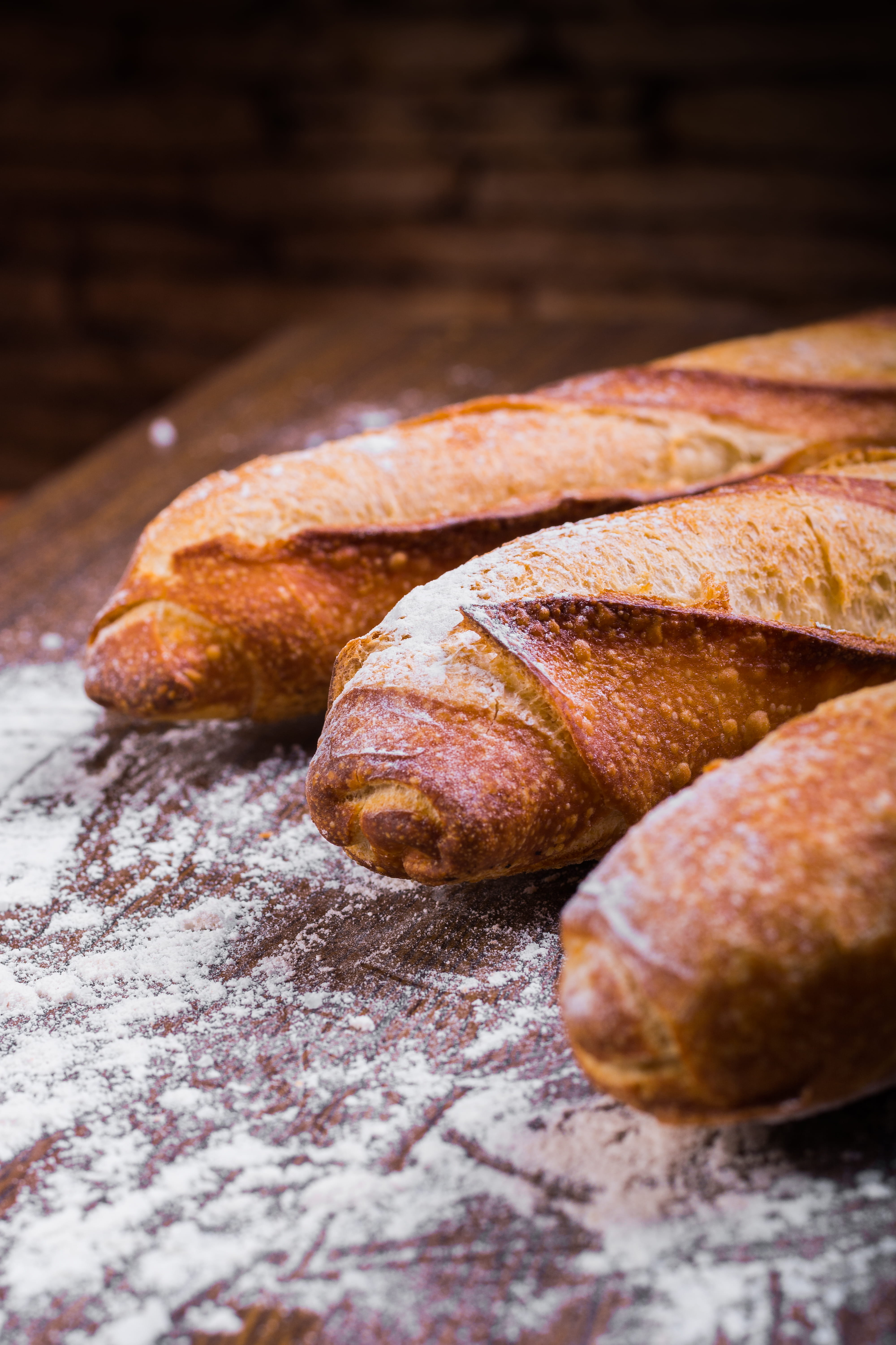 baked, baked goods, 5K, ready-to-eat, close, three, indoors, baguette, close-up, french food, powder, no people, white, bread, delicious, surface, baguettes, Phone HD Wallpaper