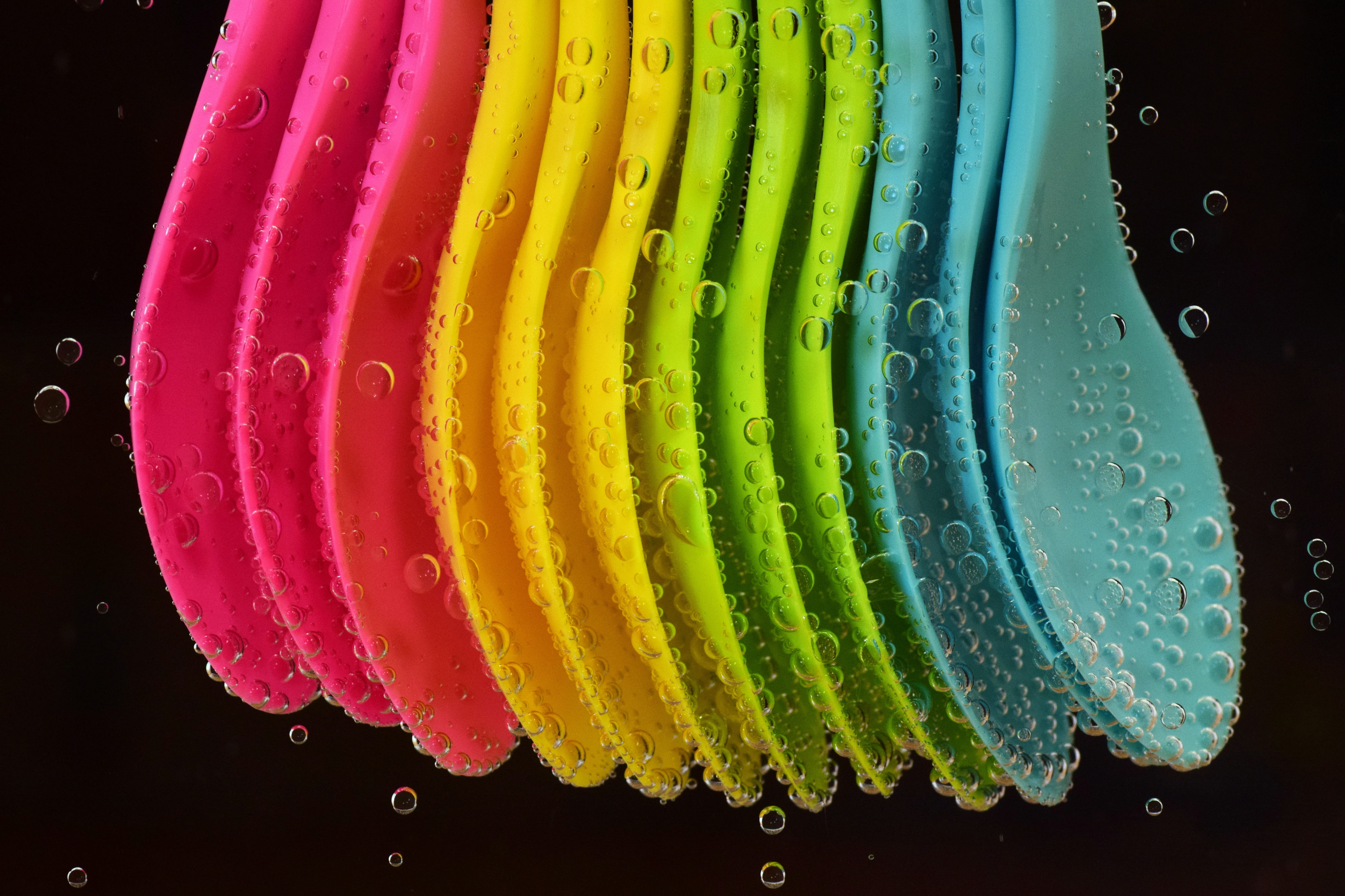 cheerful, no people, water, bubble, food, children, air bubbles, blue, plastic spoon, yellow, Colorful, nature, indoors, bright, freshness, choice, in a row, HD Wallpaper