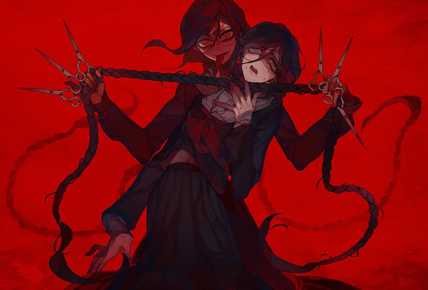 colored background, waist up, red, beautiful woman, animal wildlife, motion, young adult, one person, women, fashion, Danganronpa, Tōko Fukawa, arts culture and entertainment, HD Wallpaper