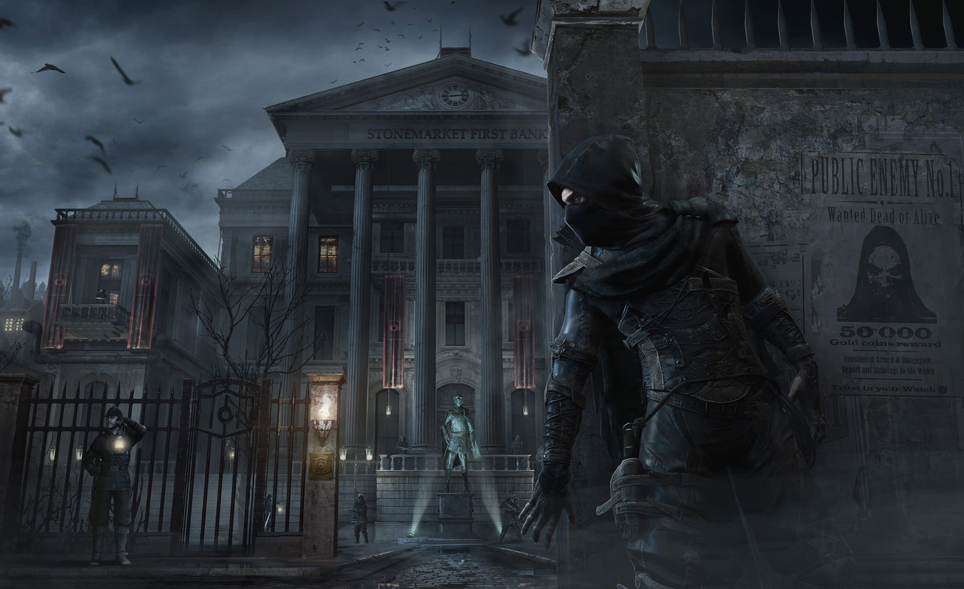 Thief, city, 1080P, representation, illuminated, architectural column, assassin, male likeness, street, built structure, human representation, statue, HD Wallpaper