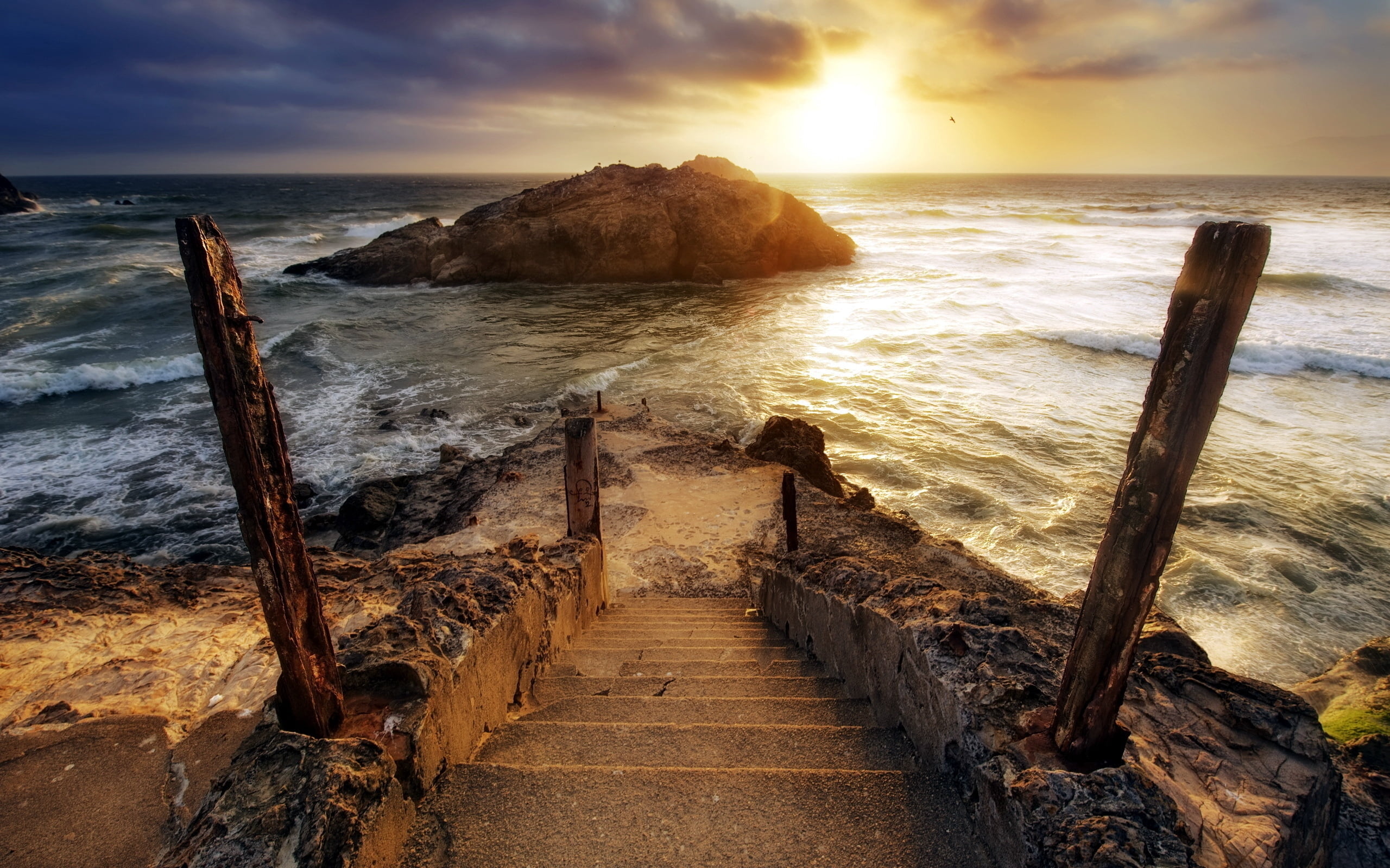 steps, foam, stakes, sunrise - Dawn, sunlight, light, no People, cloudy, beach, rock, seascape, travel Destinations, brown, vacations, scenics, cliff, ladder, HD Wallpaper