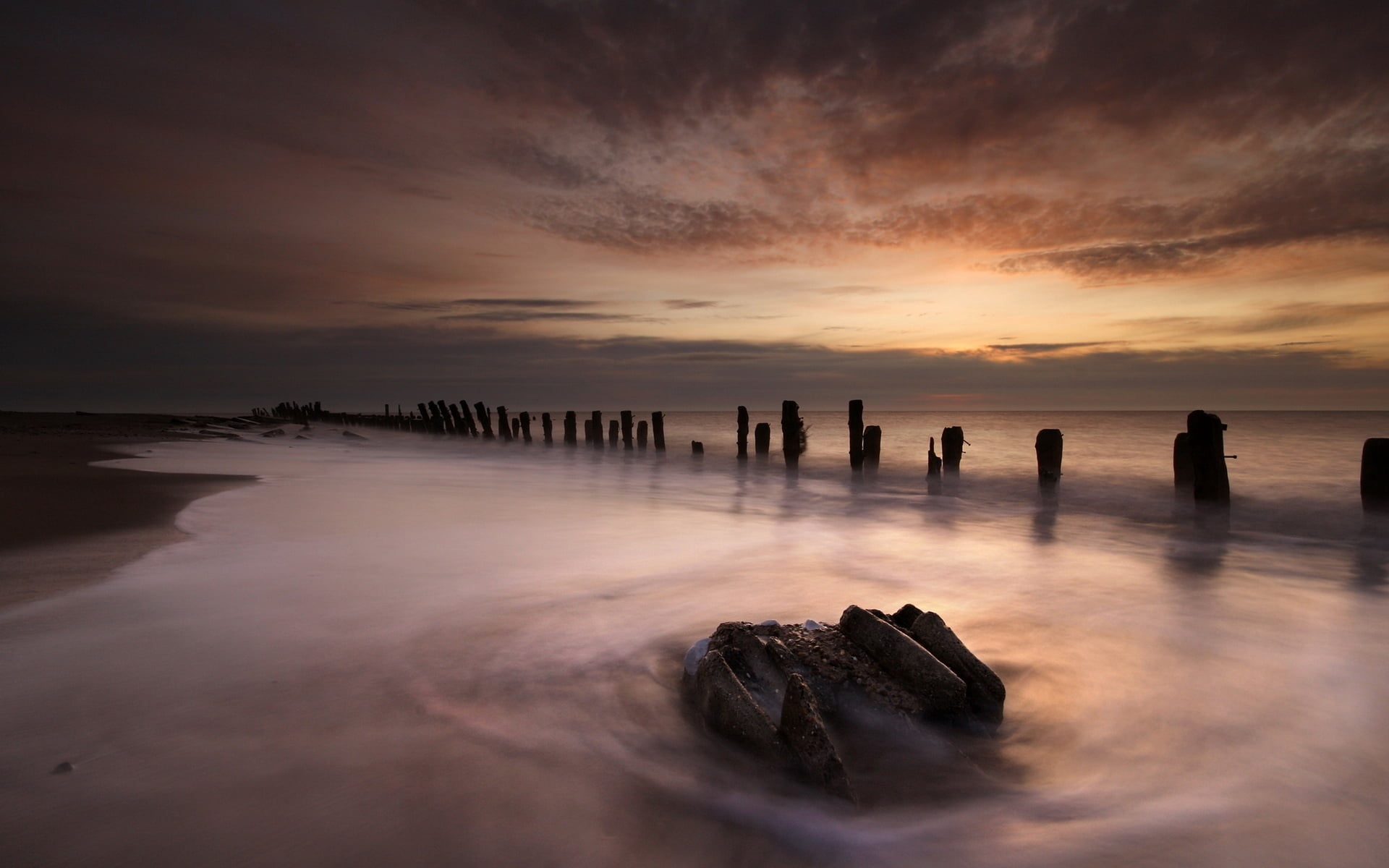 land, tranquility, water, silhouette, stone, sky, scenics - nature, nature, sea, horizon over water, tranquil scene, horizon, dramatic sky, 1080P, reflection, HD Wallpaper