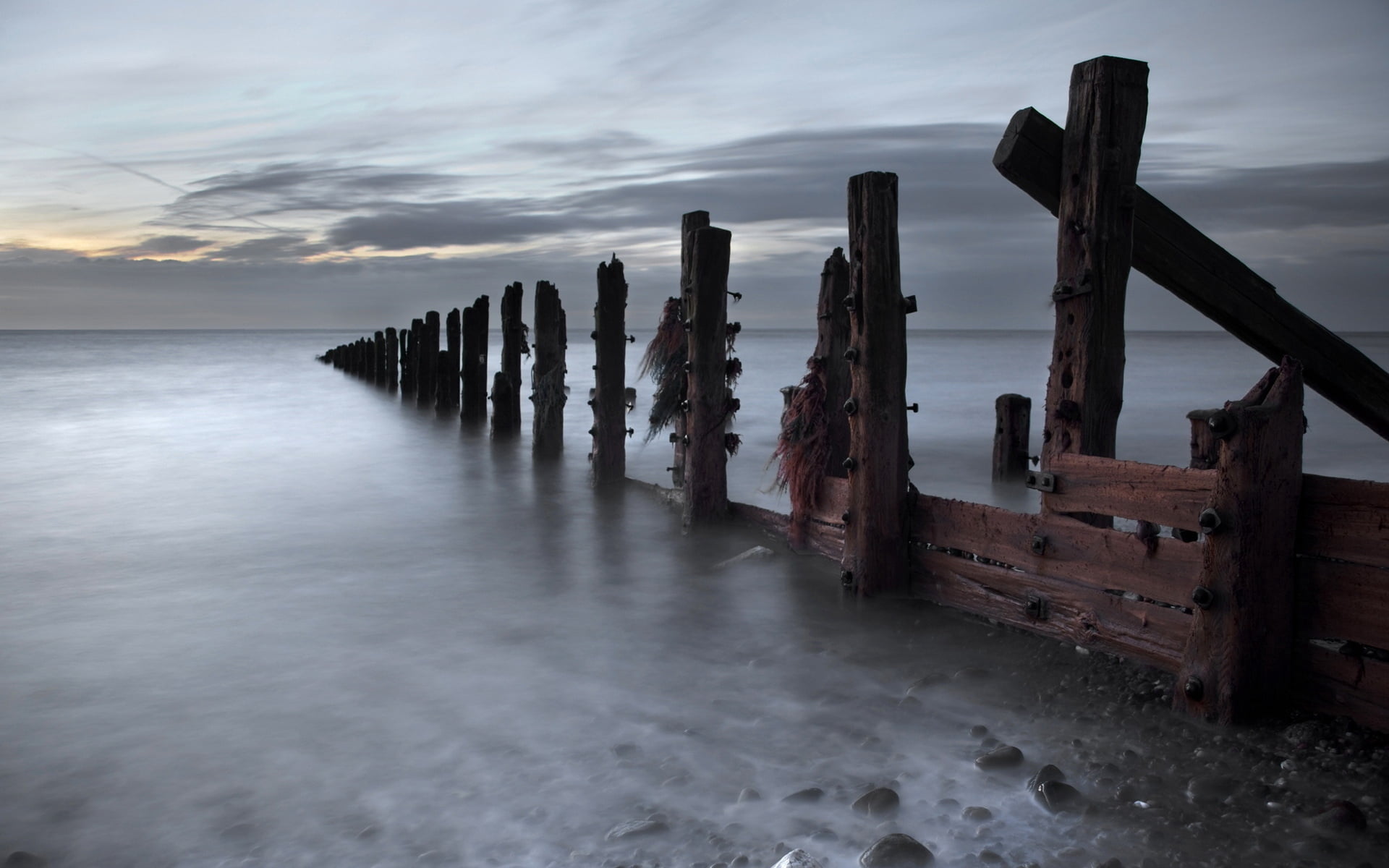 sea, sunset, body, scenics - nature, sky, cold, land, tranquil scene, 1080P, wood - material, horizon, horizon over water, stakes, wooden post, coast, HD Wallpaper