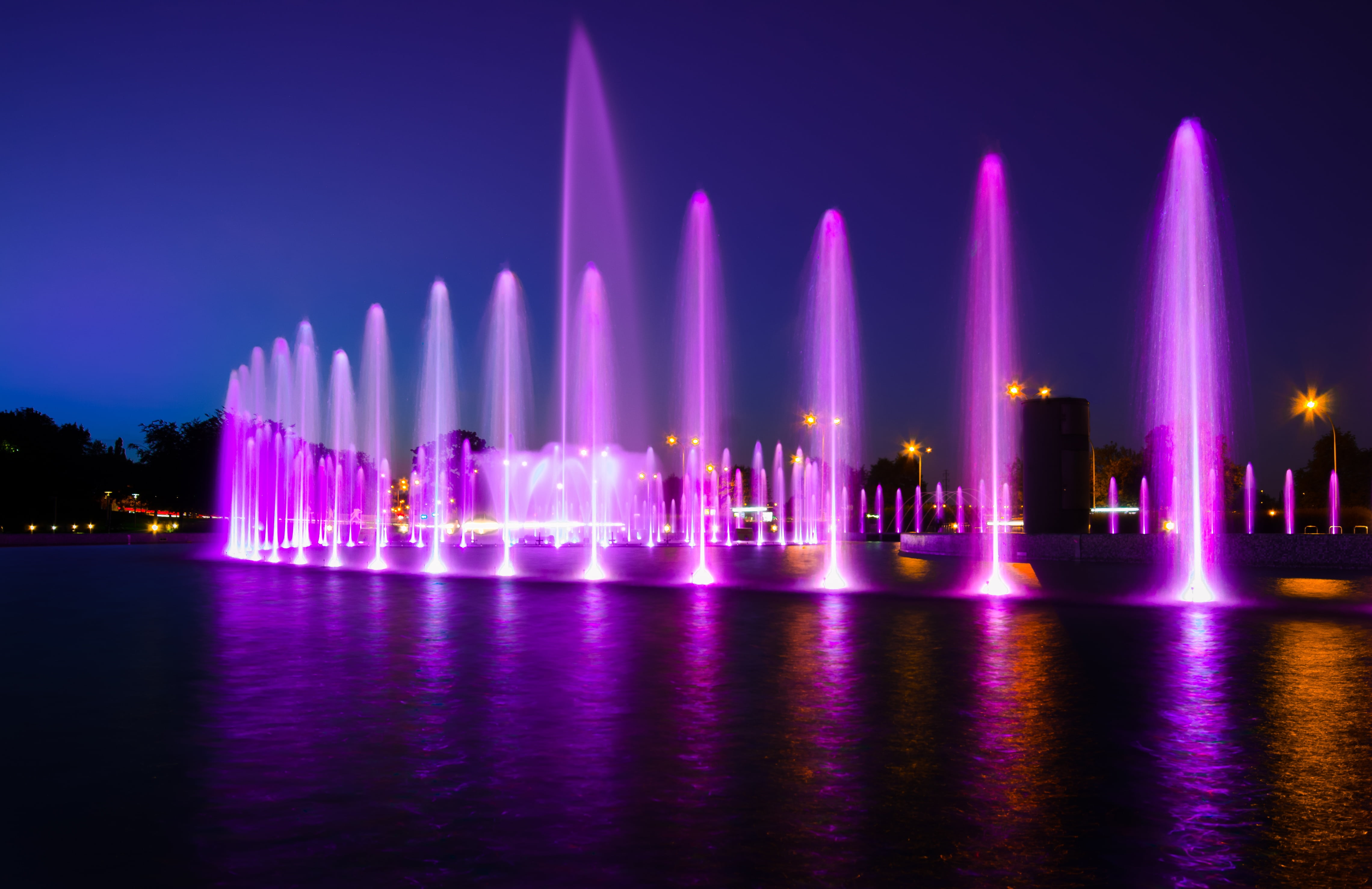 skyscraper, musical, illuminated, purple, evening, stage, luminance, light, night, europe, nature, stream, show, music, multi colored, exposure, architecture, HD Wallpaper