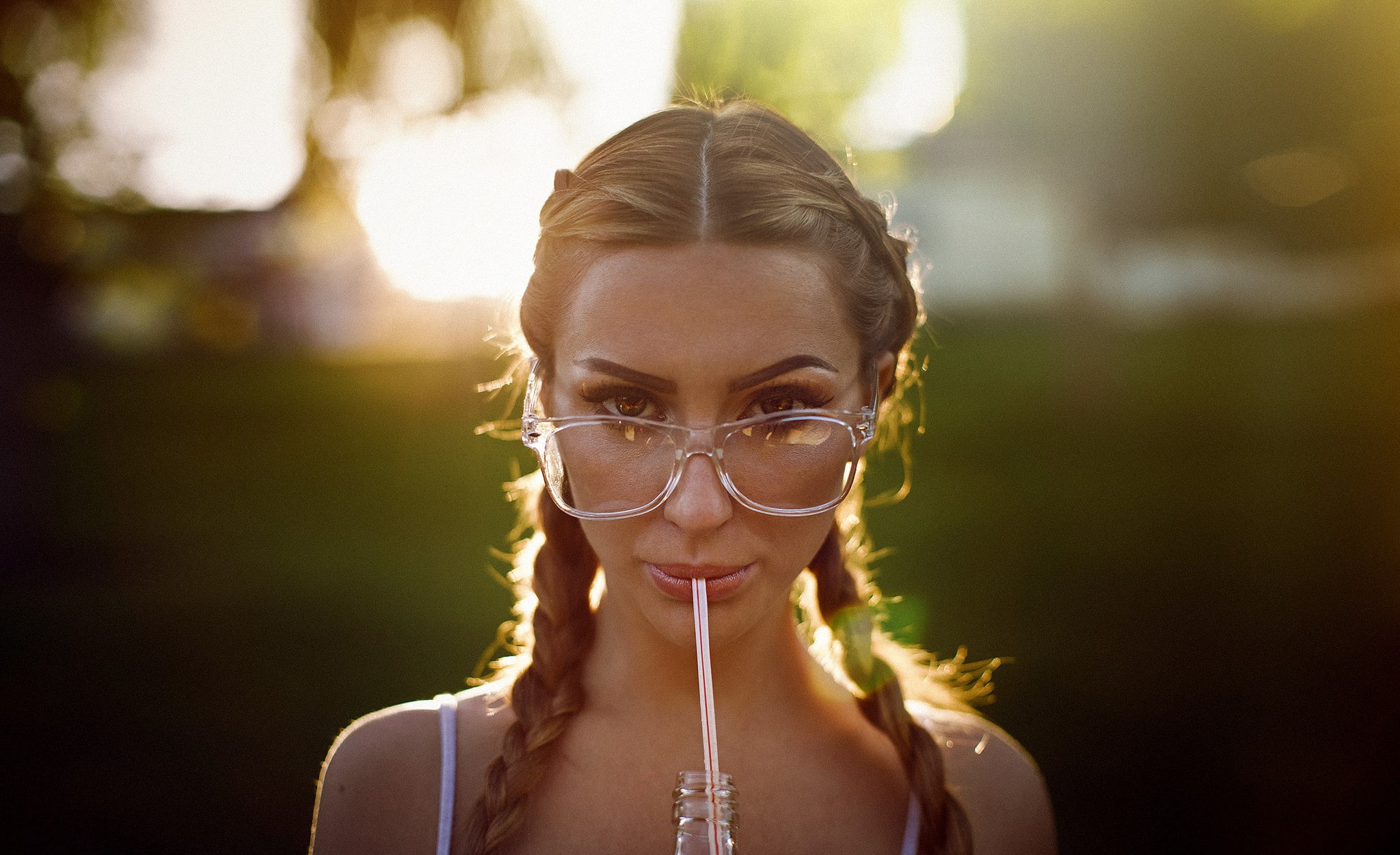 blonde, glasses, George Dutch, face, pigtails, 1080P, looking at viewer, model, women, depth of field, portrait, sunlight, long hair, women with glasses, HD Wallpaper