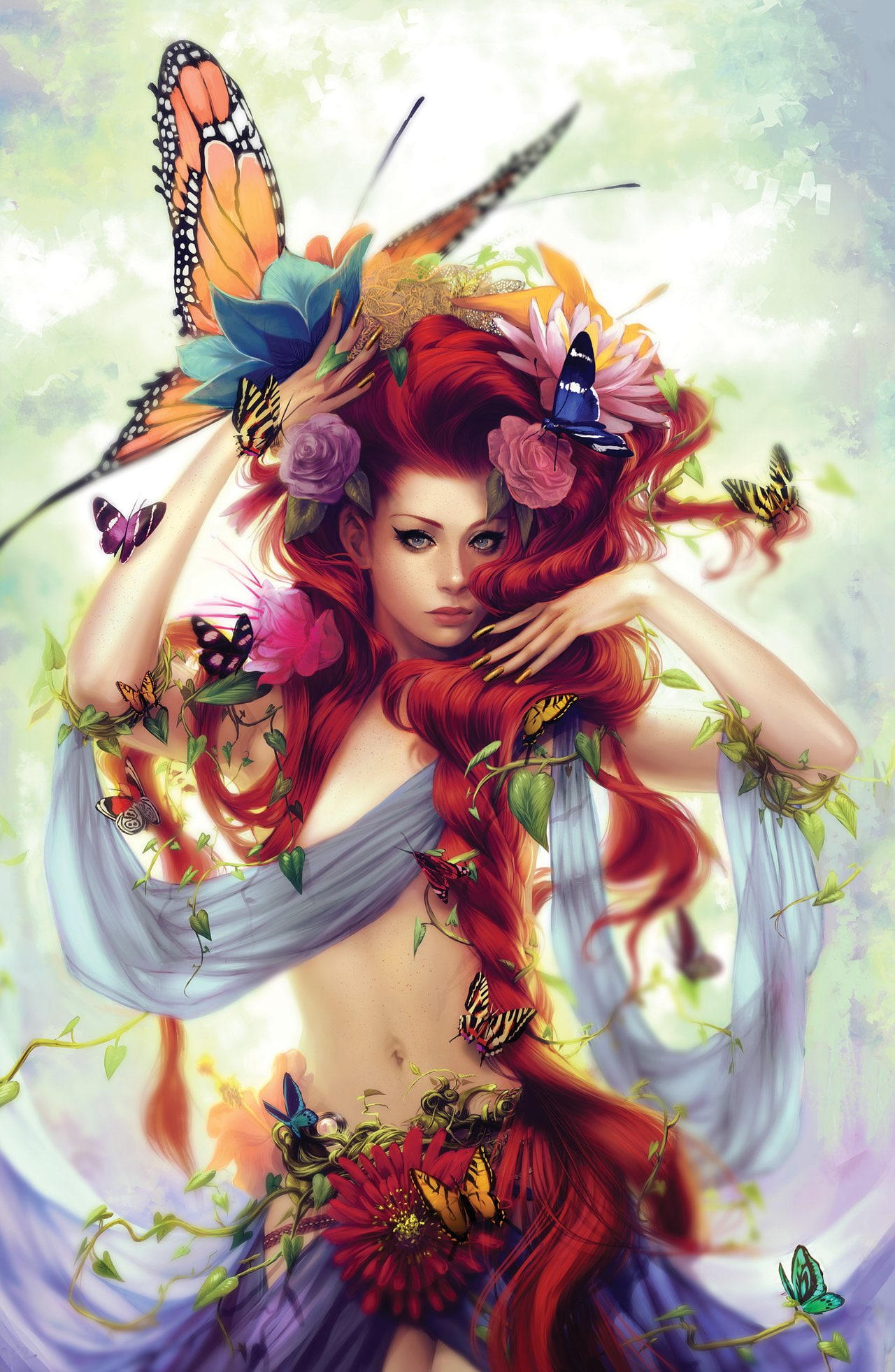 fashion, clothing, outdoors, front view, adult, beautiful woman, 1080P, portrait, flowering plant, butterfly, art and craft, Amanda Schank, redhead, lifestyles, Phone HD Wallpaper