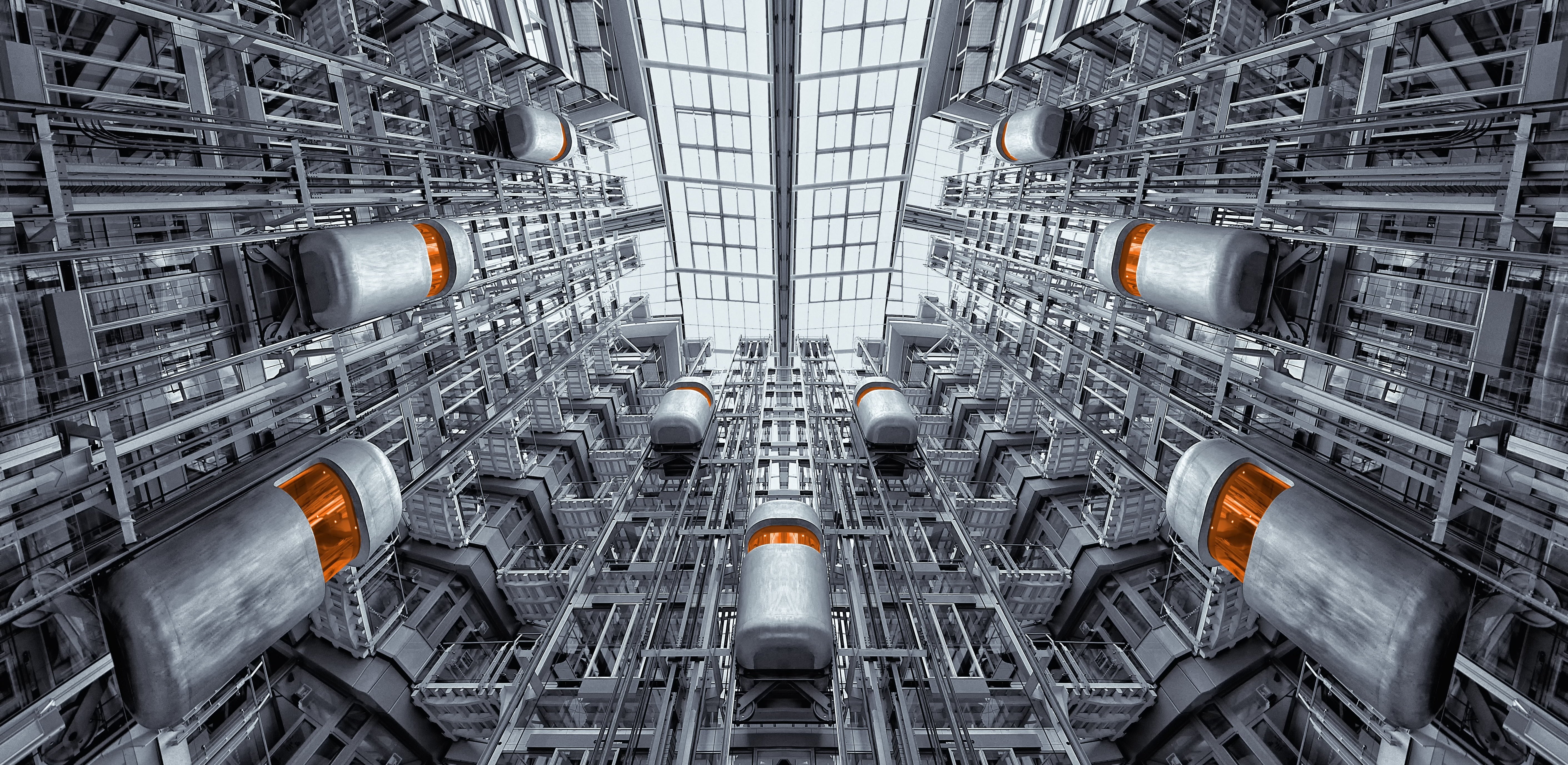 futuristic, built structure, full frame, view, steel, security, control, gray, pipe - tube, elevator, industry, building, architecture, backgrounds, no people, HD Wallpaper