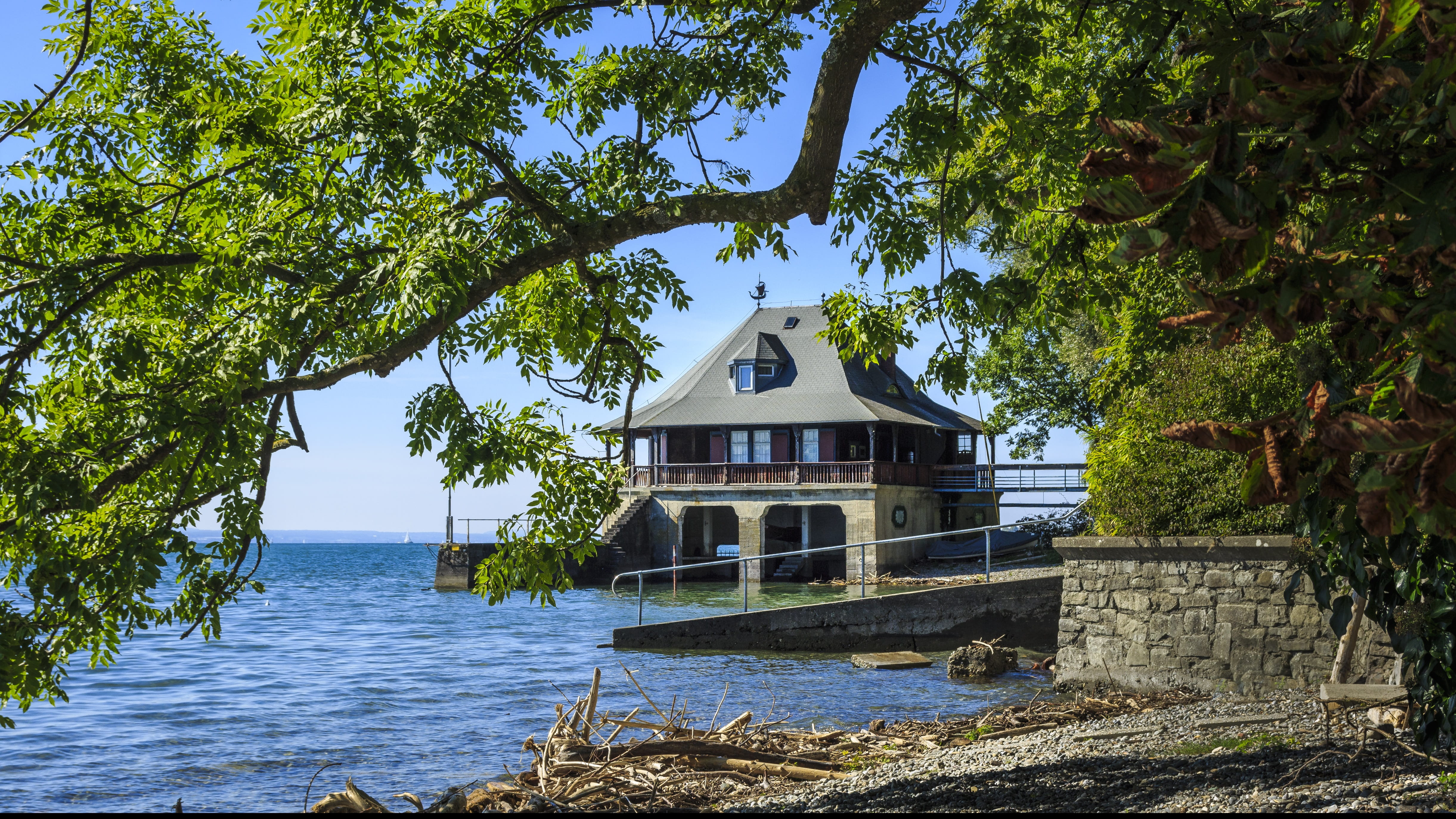 4K, building exterior, luxury, lake constance, brown, growth, near shore, house, building, architecture, built structure, gray, branch, day, background, HD Wallpaper