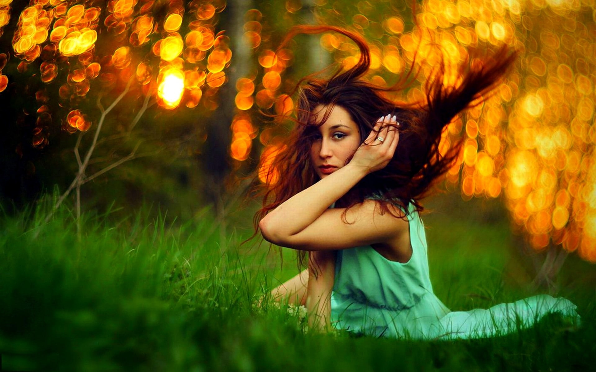 hd, nature, women, Green, sun, forest, dress, brunettes, grass, forests, x, yellow, blender, art, 1080P, HD Wallpaper