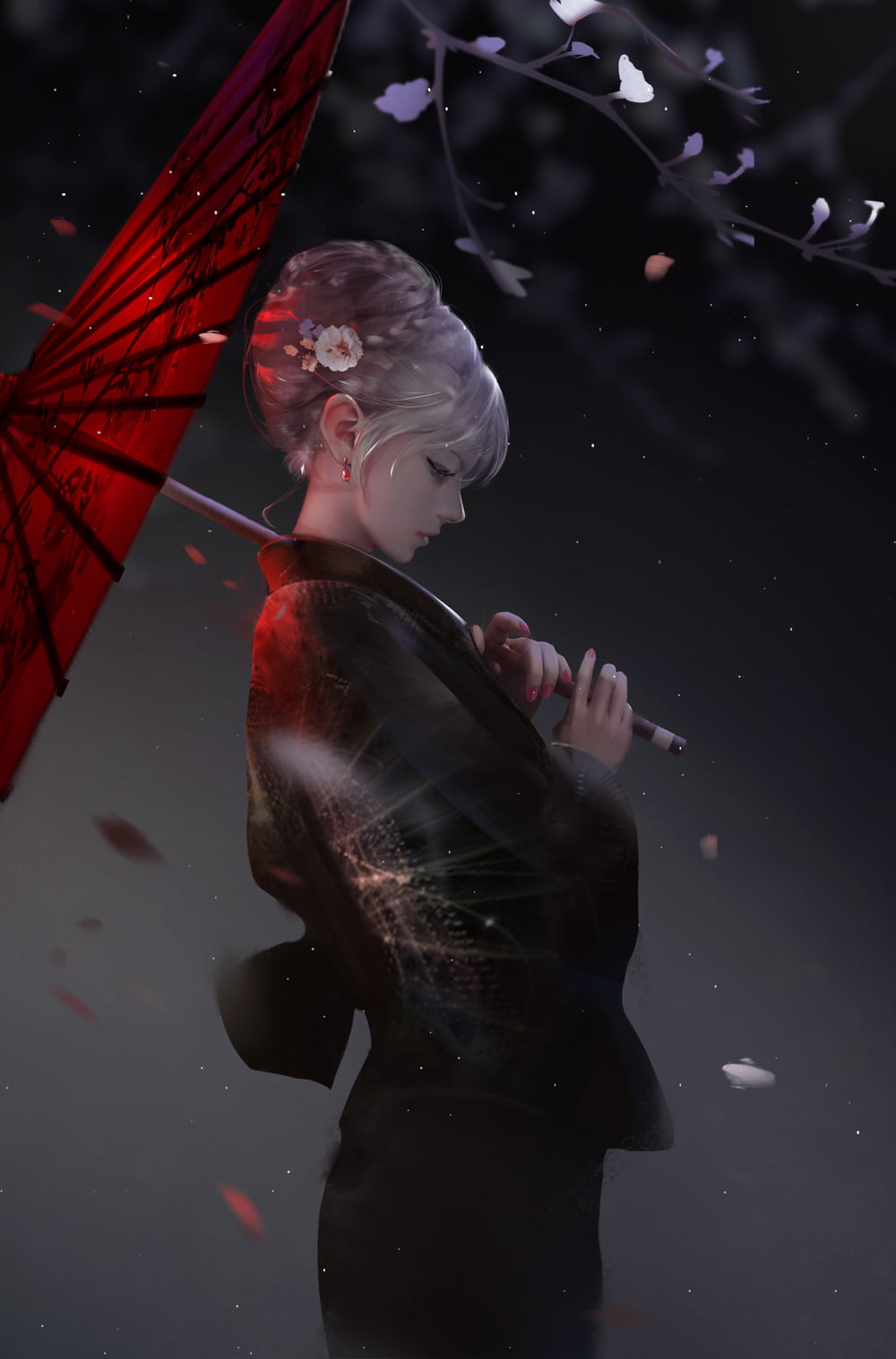 petals, umbrella, Yue Yue, silver hair, Asian, wind, drawing, hairbun, branch, 720P, profile, Chinese dress, women, night, flower in hair, Phone HD Wallpaper