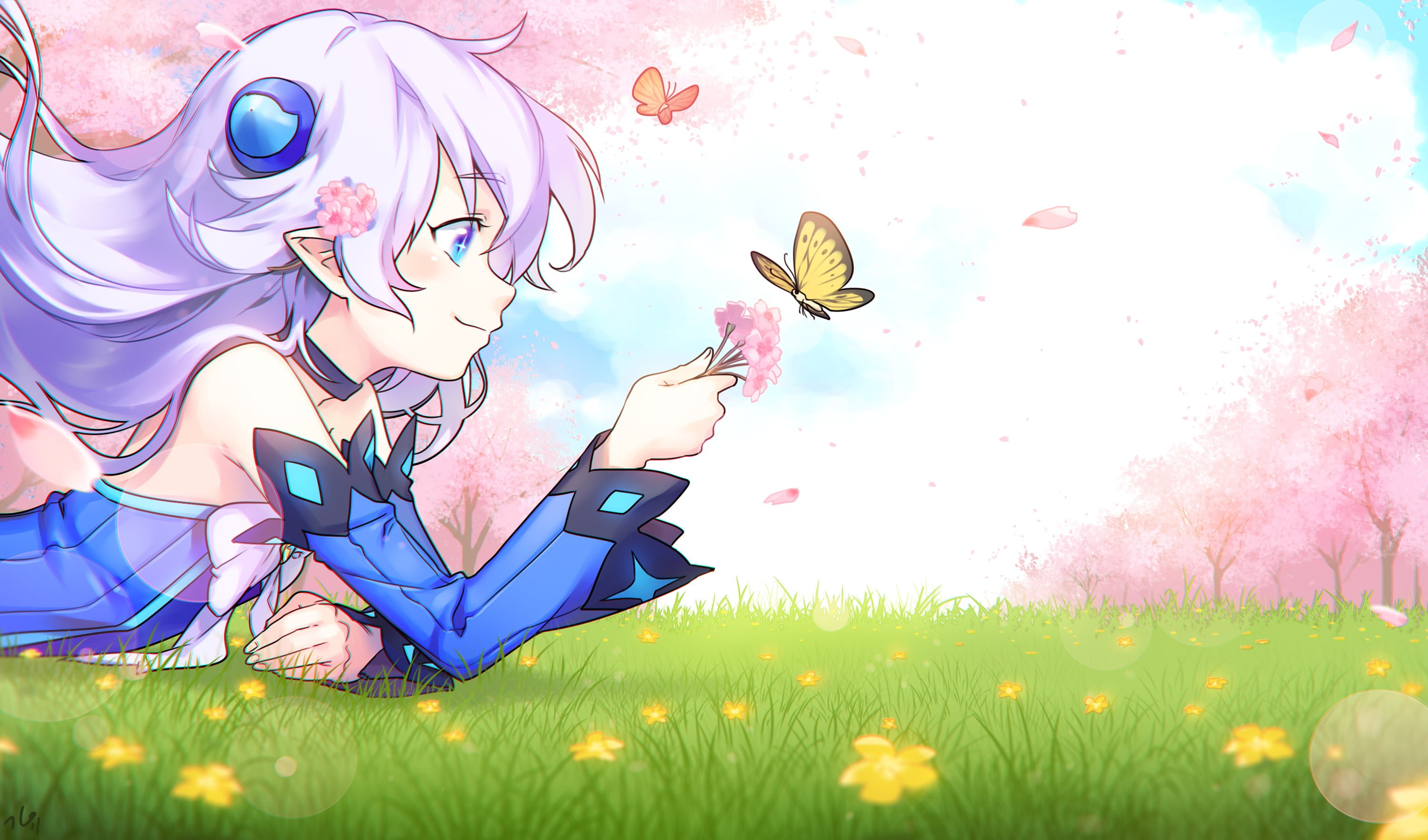 young women, multi colored, pointed ears, white hair, aqua eyes, 2K, beauty in nature, flowering plant, flower, young adult, anime girls, grass, real people, HD Wallpaper