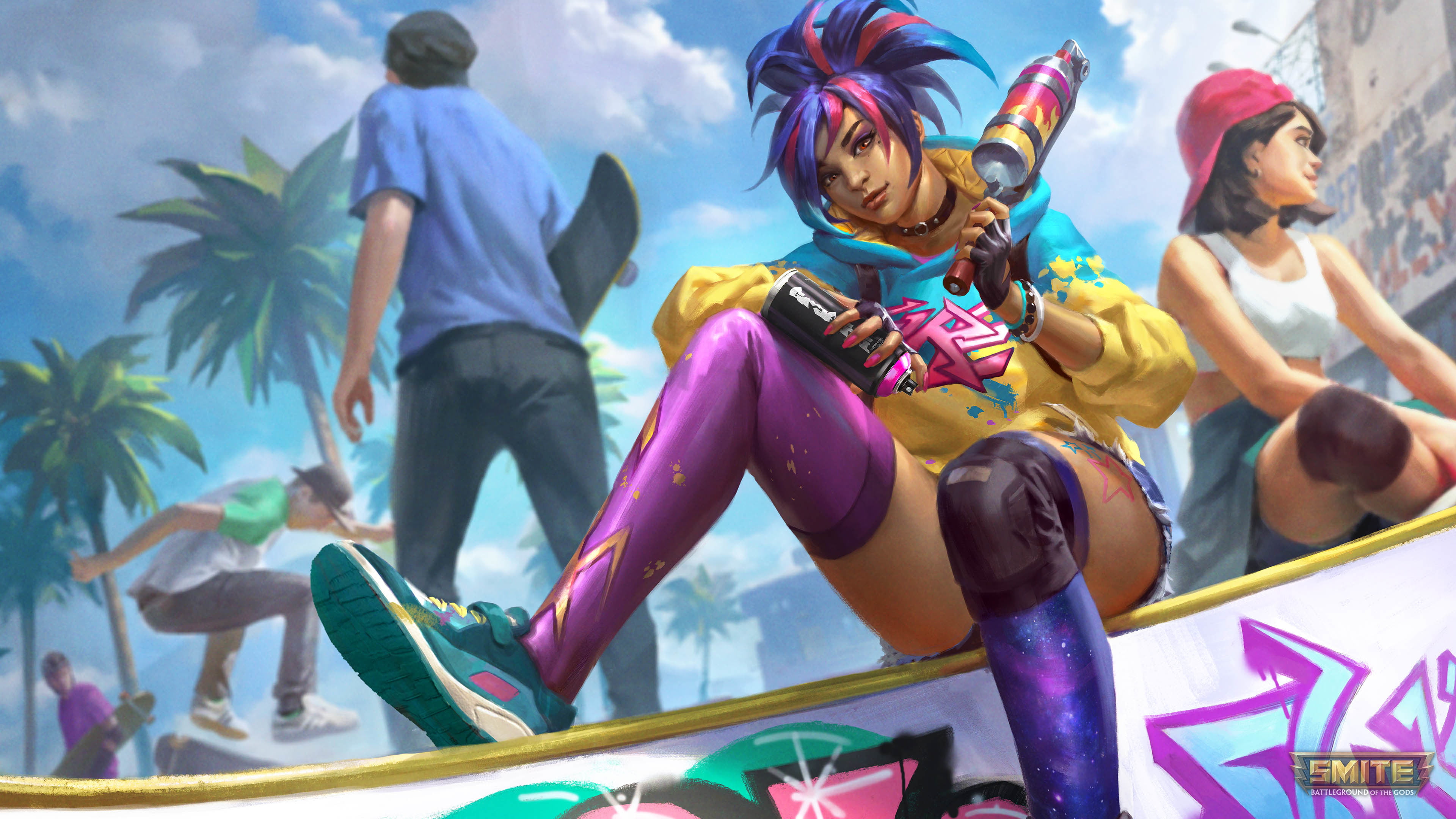 watermarked, 4K, mythology, choker, graffiti, Pele (Smite), skateboard, Smite, skirt, spray can, HD Wallpaper