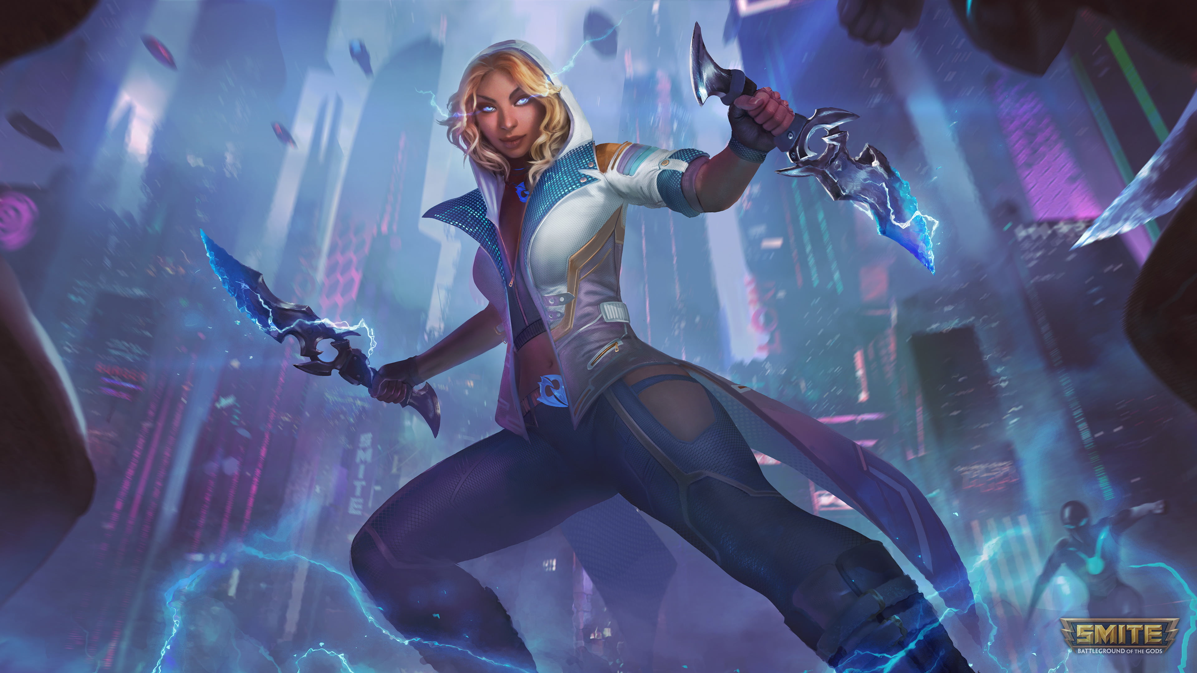 Pele (Smite), mythology, watermarked, Smite, electricity, 4K, flying car, dagger, city, HD Wallpaper