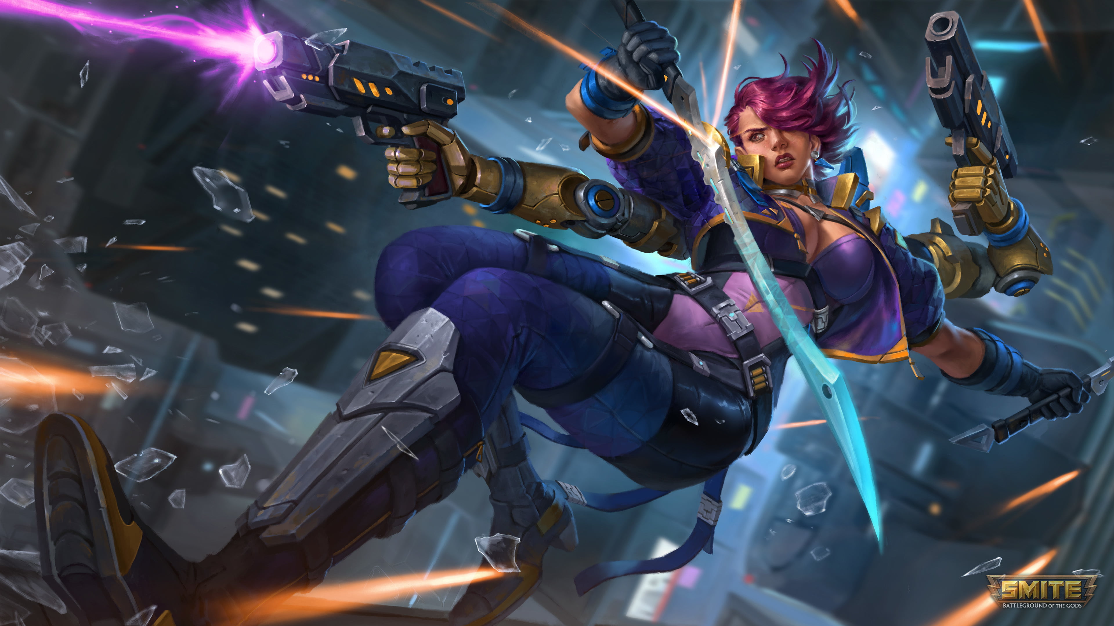 Kali (Smite), broken glass, robotic arm, gun, watermarked, 4K, sword, Smite, mythology, HD Wallpaper