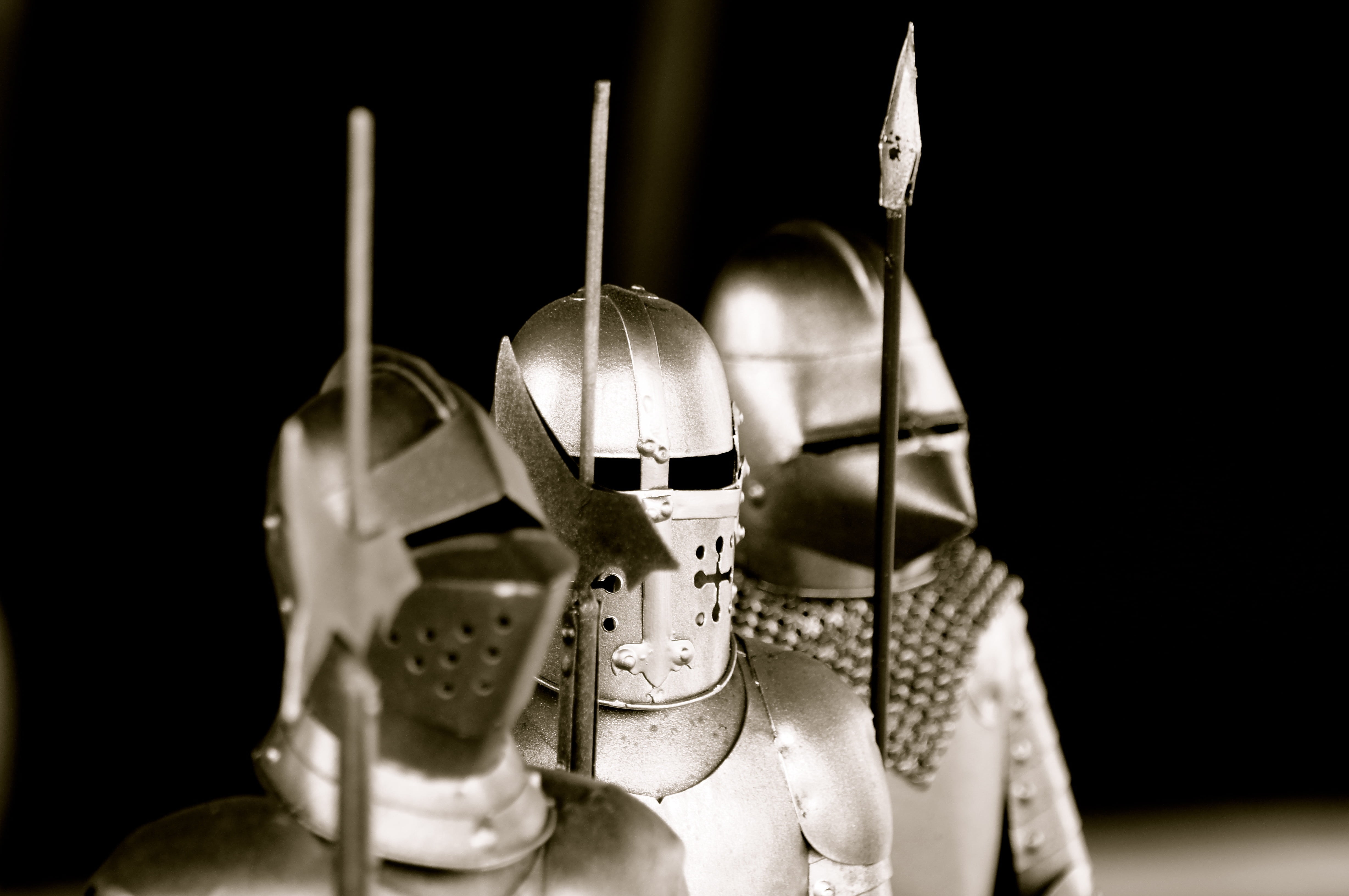 metal, variation, white, close-up, visor, knight, black, fight, silver, grayscale, no people, selective focus, spear, warrior, knight - Person, three, choice, HD Wallpaper