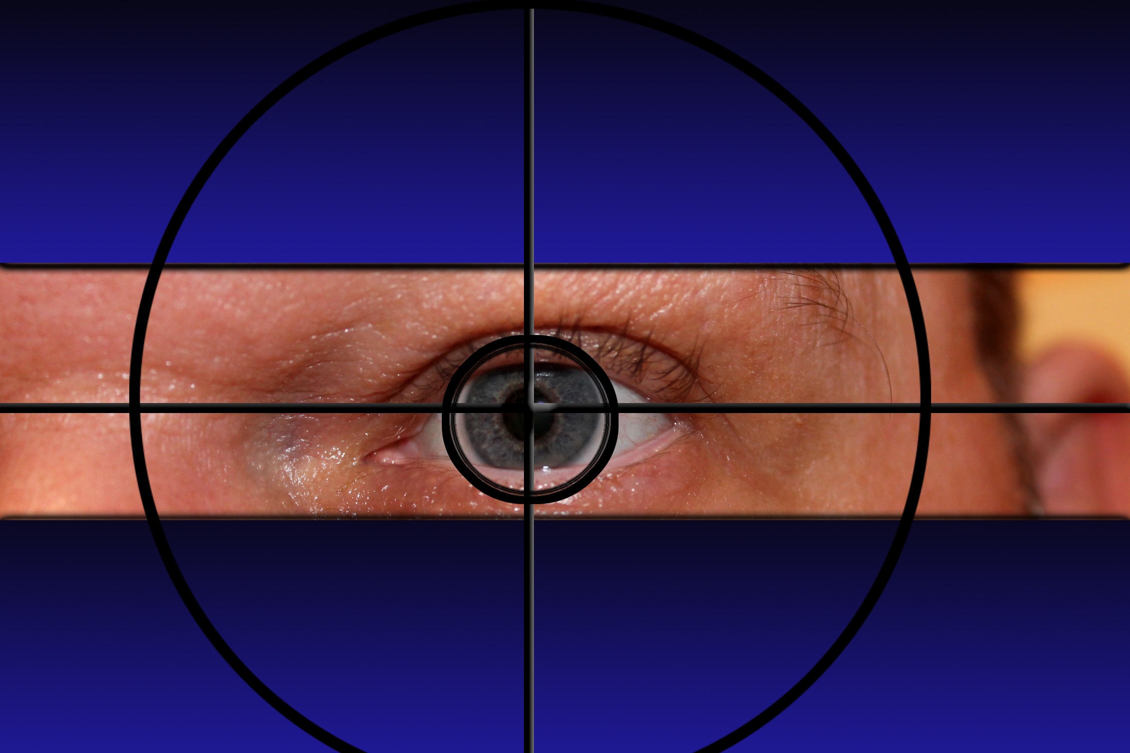 crime, close-up, crime scene, studio shot, glasses, adult, eyeglasses, human face, crosshair, human eye, eye, sniper, circle, person, blue, body part, one person, HD Wallpaper