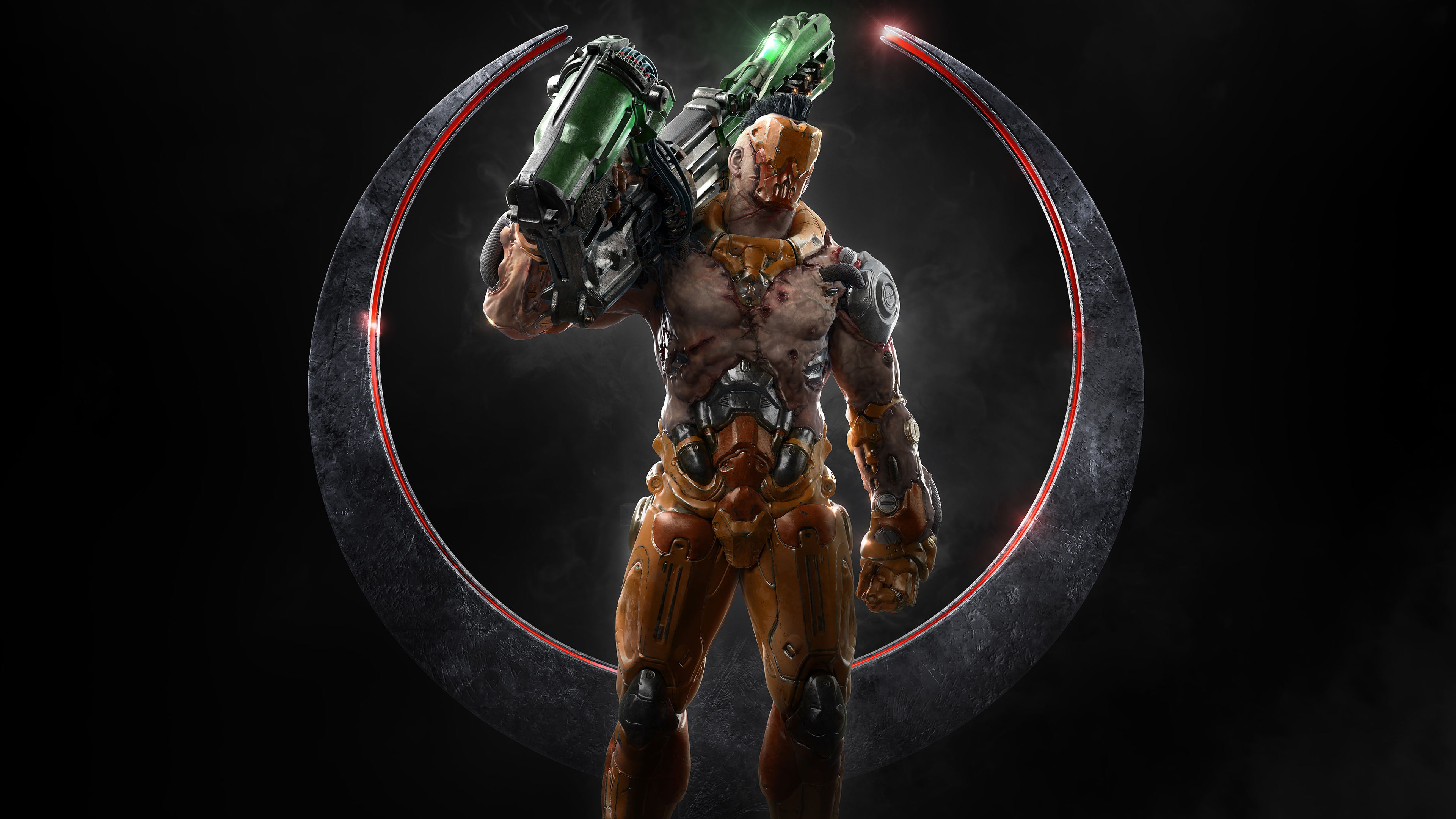 black, digital, 4K, man, Quake Champions, Visor, 4K, green, rifle, assault, character, holding, HD Wallpaper