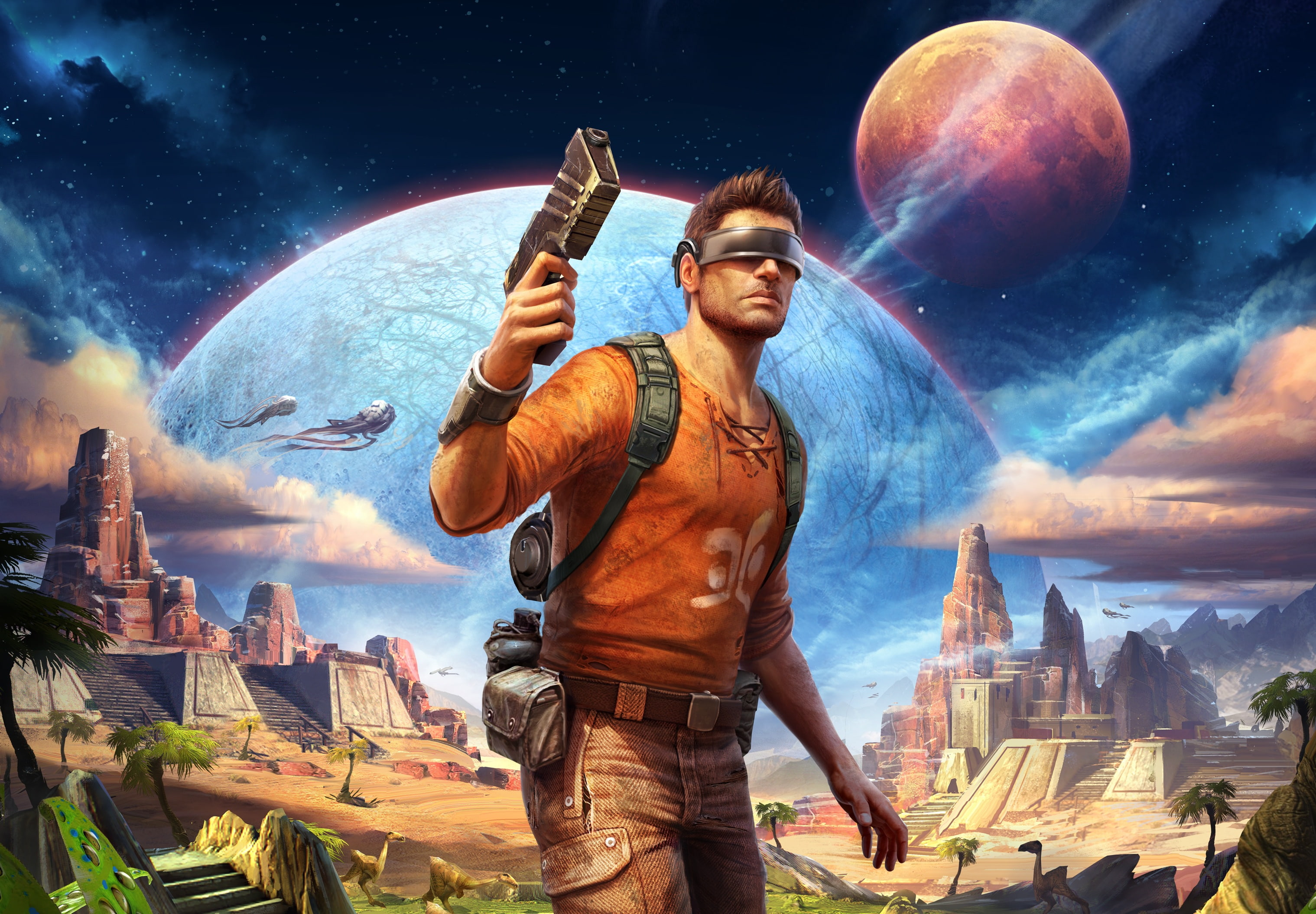 traveler, 2K, Blaster, male, glasses, stars, gun, temple, art, planet, fiction, visor, HD Wallpaper