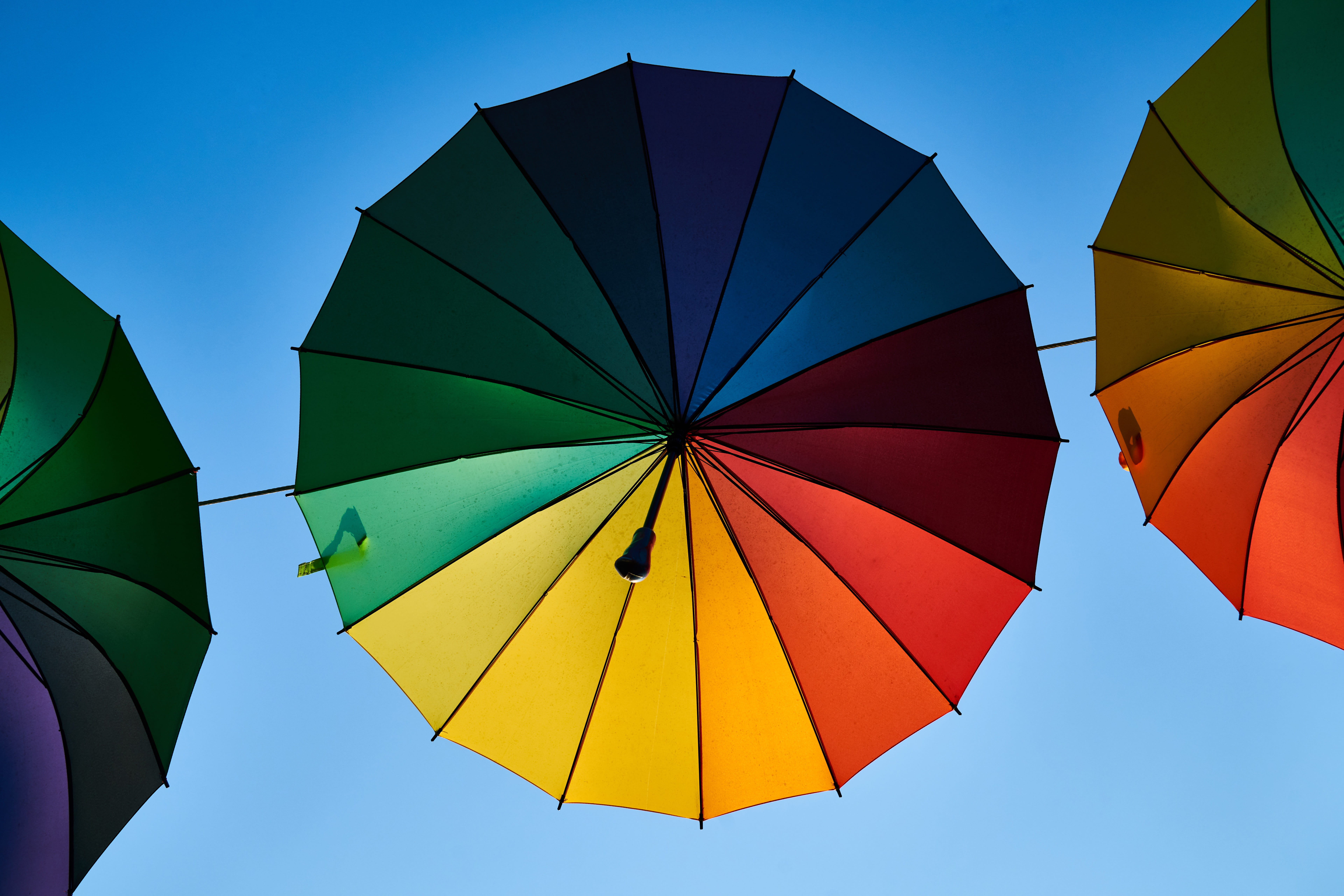 umbrella, paper, security, color, beautiful, no people, sun visor, variation, day, protection, open, blue, 8K, sky, romantic, pattern, decoration, summer, HD Wallpaper