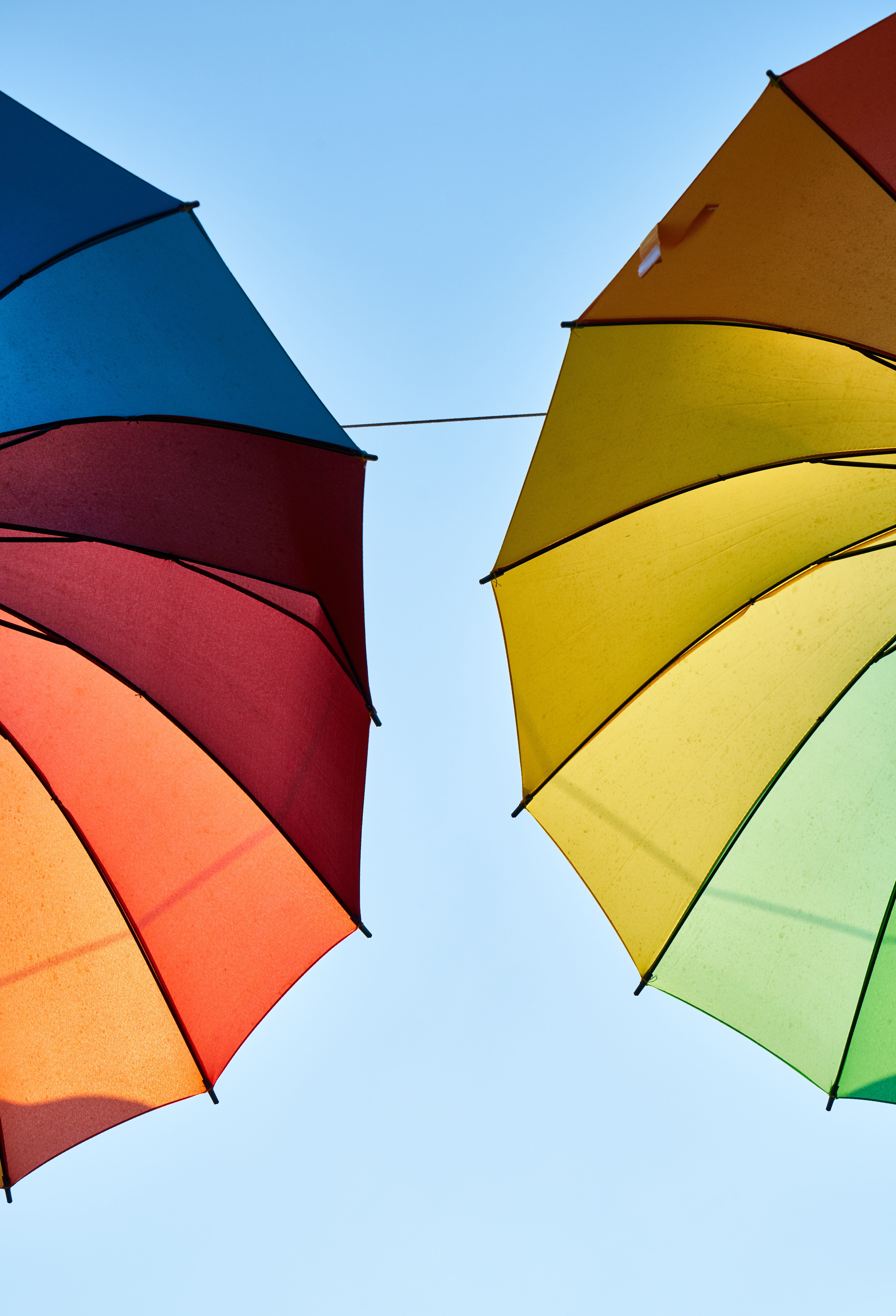 blue, clear sky, open, beautiful, protection, low angle view, sun visor, sky, safety, design, striped, summer, parasol, day, nature, romantic, red, yellow, Phone HD Wallpaper