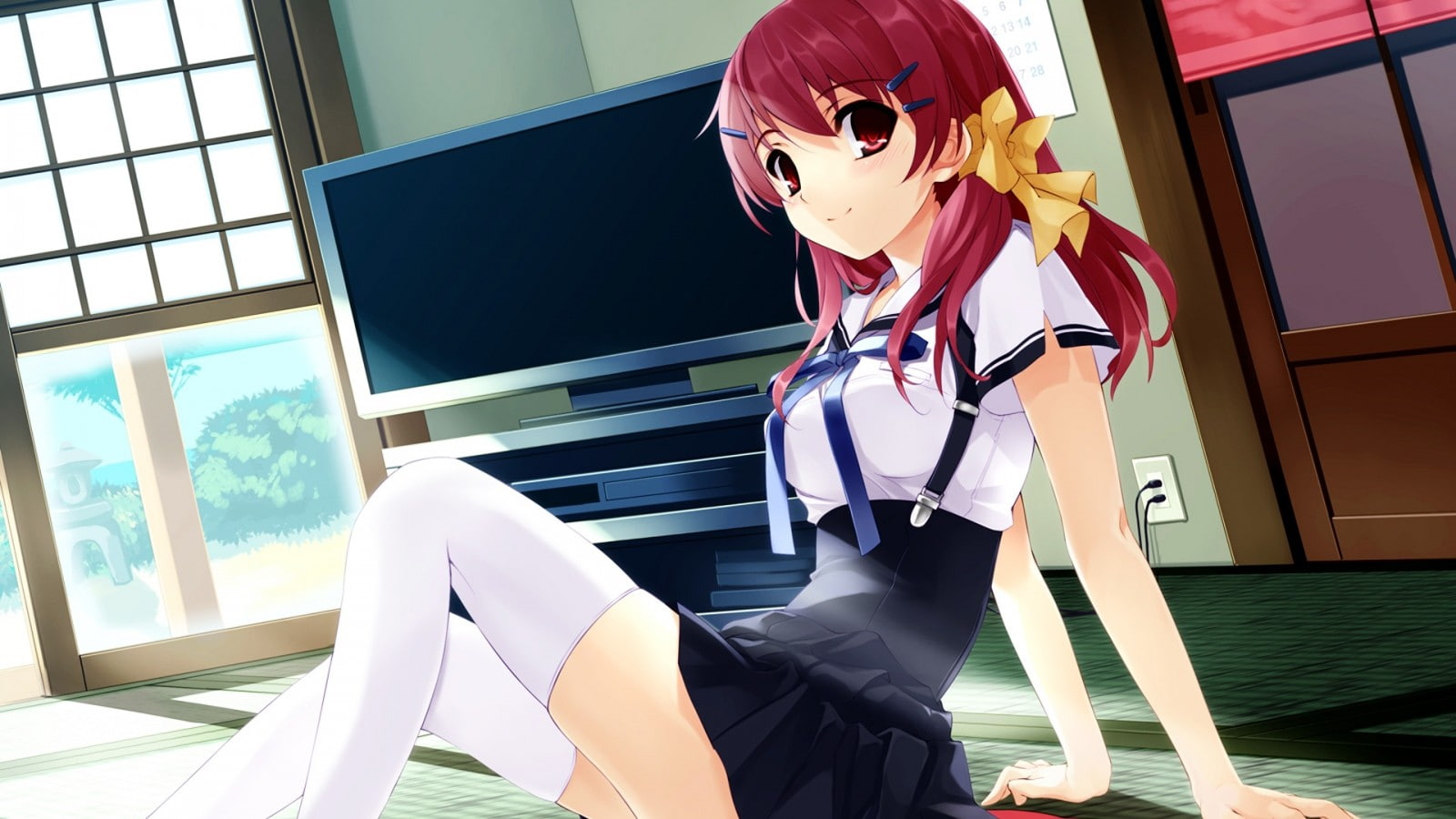 panes, highs, bows, miniskirts, suspenders, eyes, thigh, hd, window, anime, 720P, red, tel, art, redheads, technology, Uniform, wall, artwork, windows, HD Wallpaper