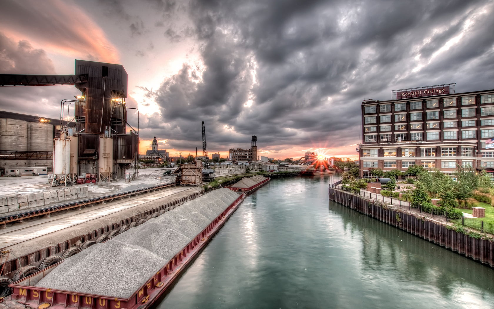 sky, skyscraper, power in nature, building Exterior, night, architecture, modern, dusk, office building exterior, river, travel, chicago, water, urban Skyline, HD Wallpaper
