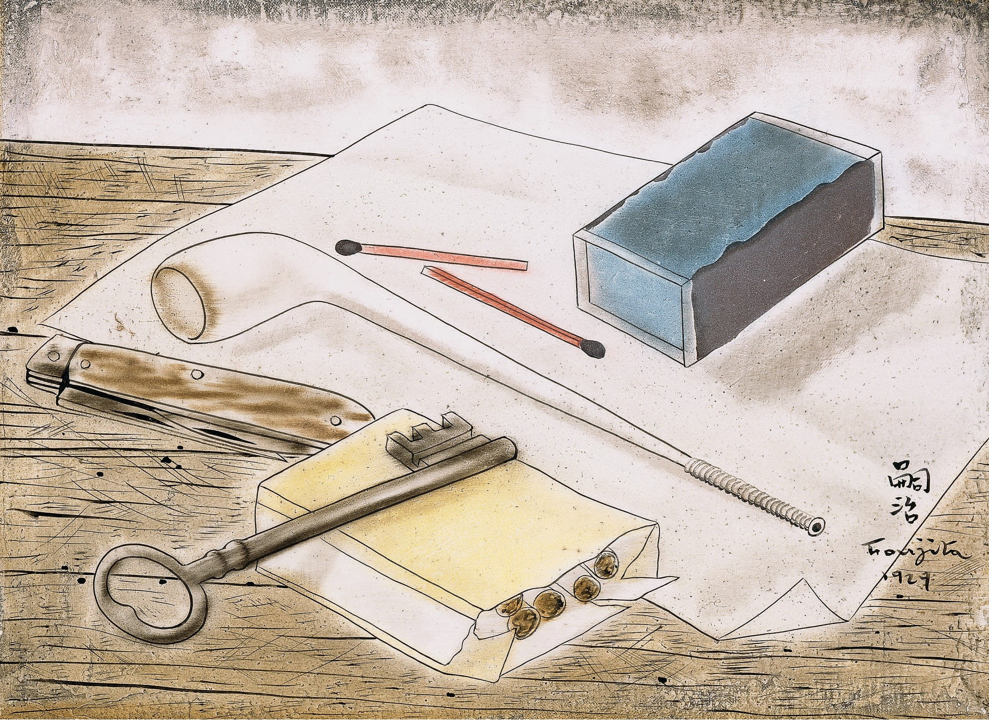 Fujita, Tsuguharu, with Smoking facilities and, cigarette, matches, white sheet, 1080P, Still life, knife, Smoking pipe, key, HD Wallpaper
