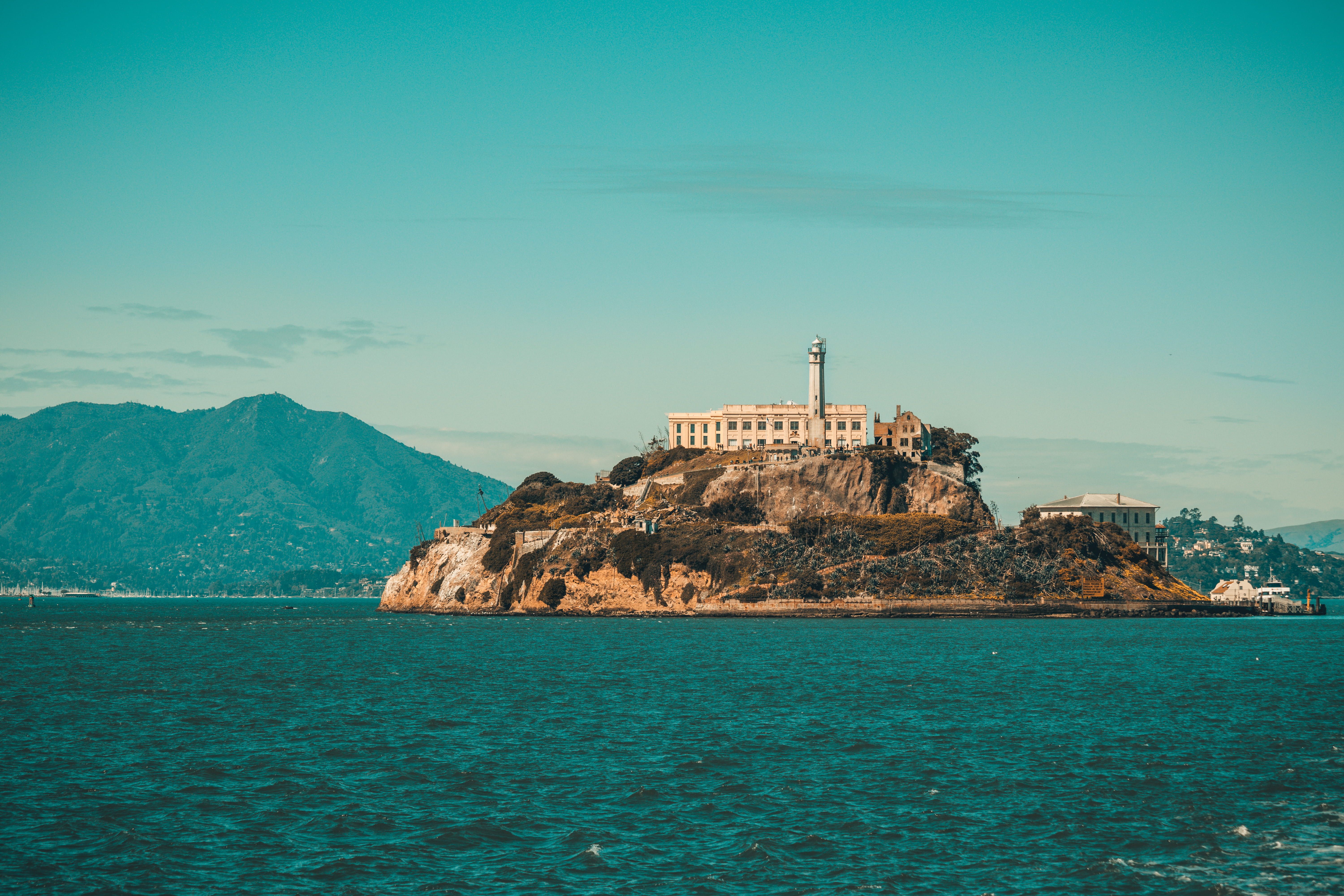 building exterior, united states, sky, land, sea, turquoise colored, building, architecture, california, mountain, 5K, rock, copy space, scenics - nature, HD Wallpaper