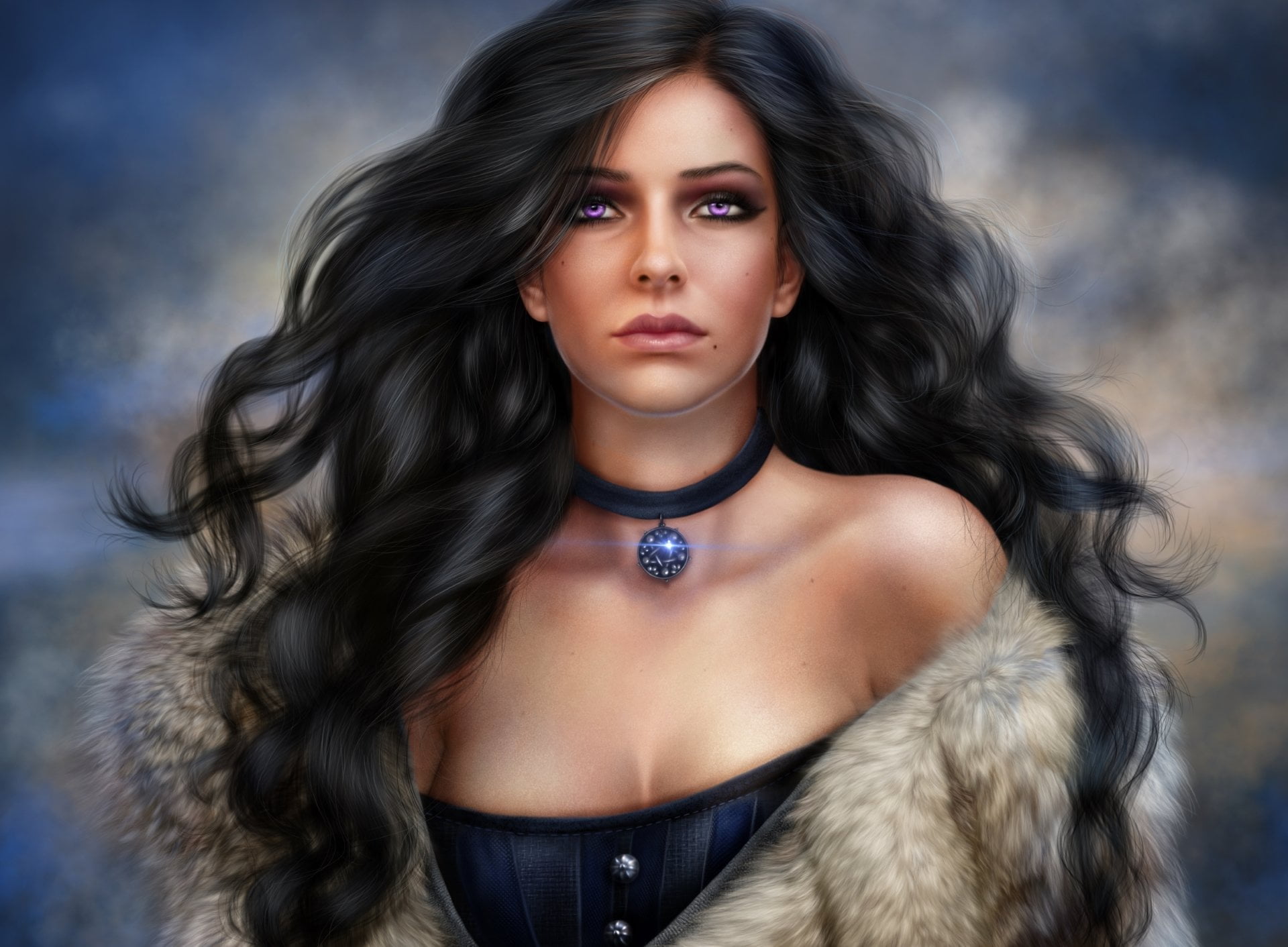 beautiful woman, Purple Eyes, glamour, adult, portrait, Woman, The Witcher 3: Wild Hunt, Long Hair, front view, 1080P, hairstyle, human hair, one person, HD Wallpaper