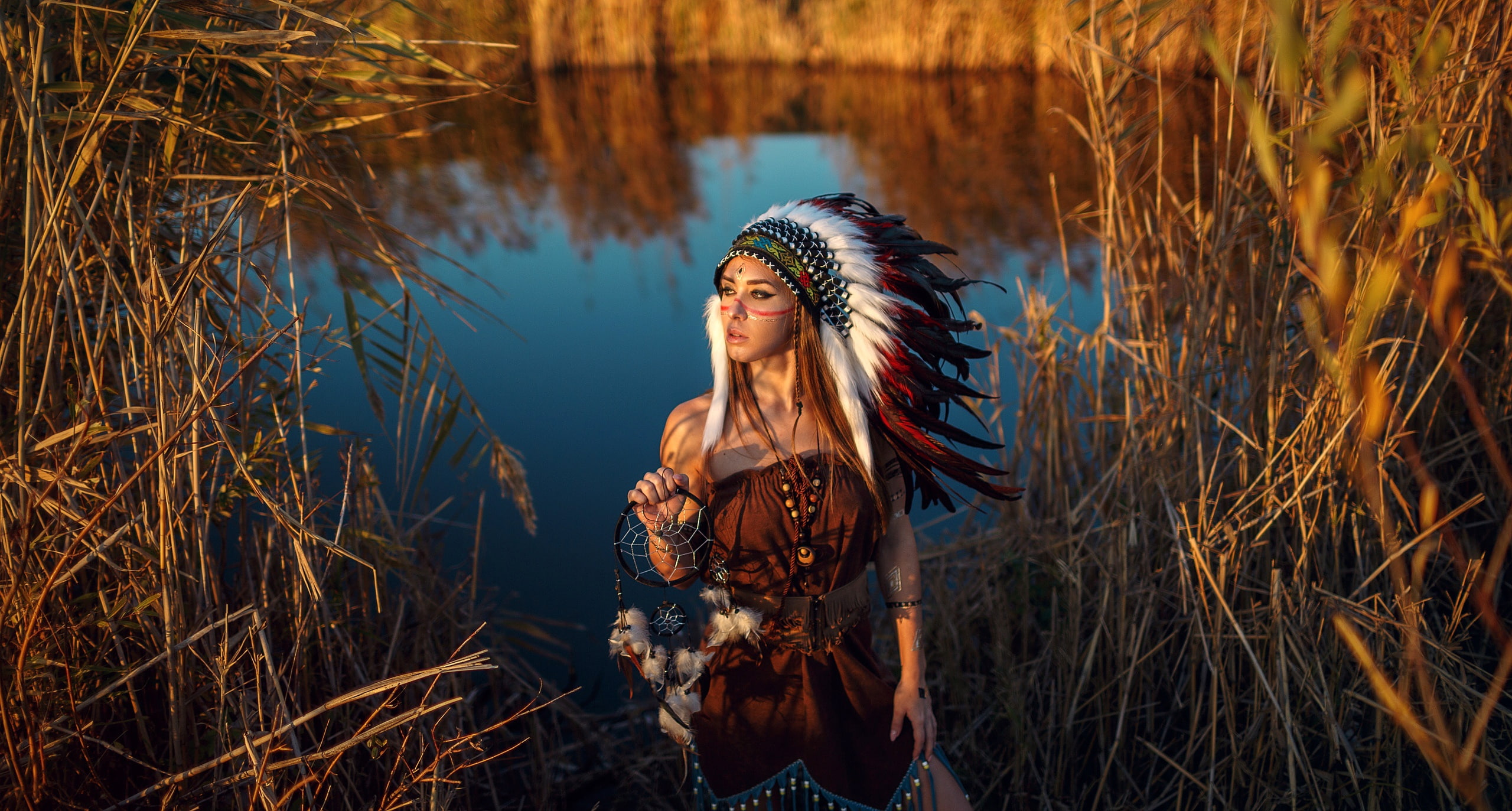 2K, decoration, the sun, headdress, outfit, pose, coloring, dress, river, reed, Sergey Sorokin, nature, Dreamcatcher, beauty, girl, amulet, brown hair, HD Wallpaper