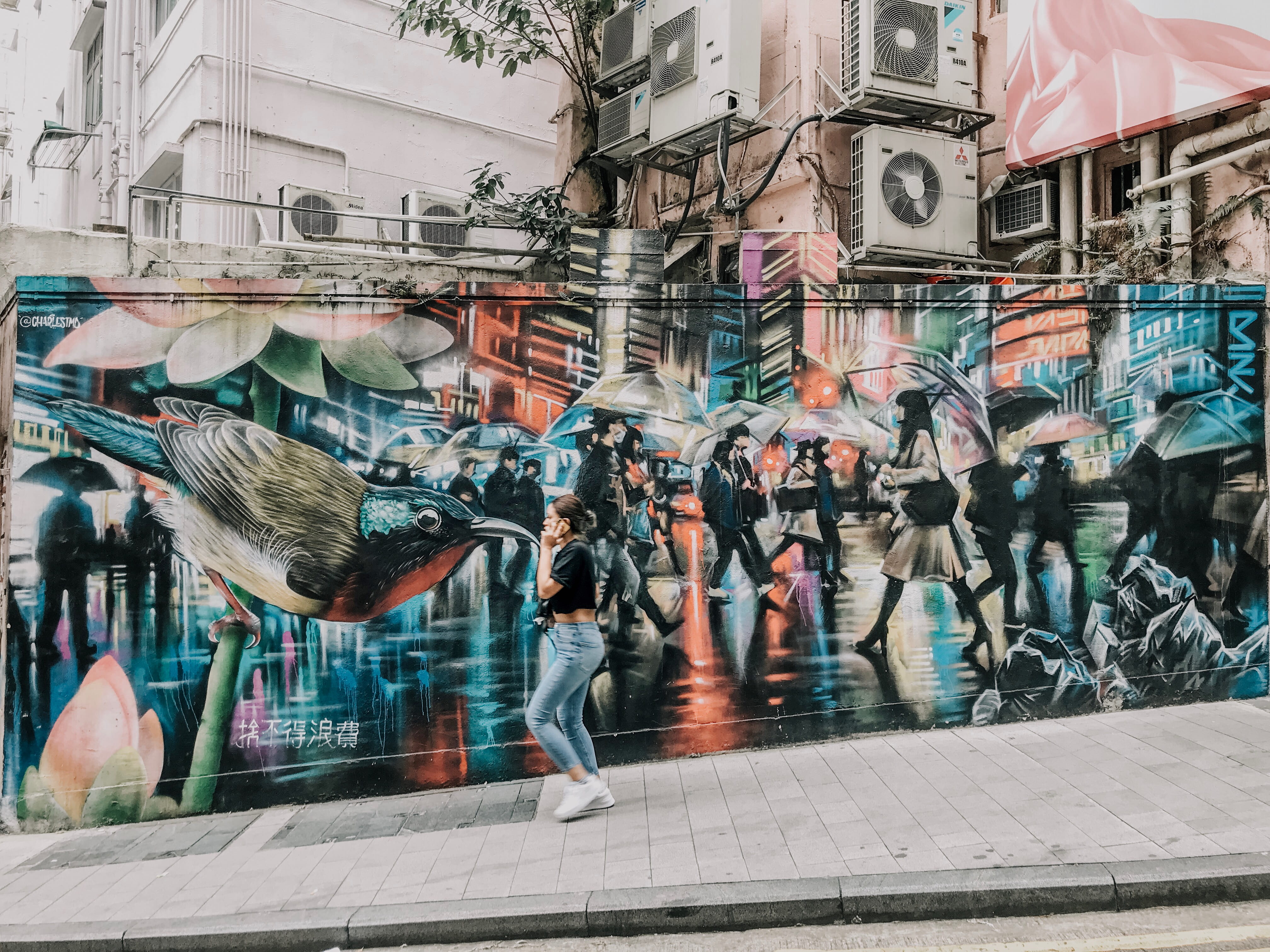 hong kong, wall, creative, blurred motion, sidewalk, women, outdoors, men, mural, near, art, adult, built structure, city life, colours, colors, design, HD Wallpaper