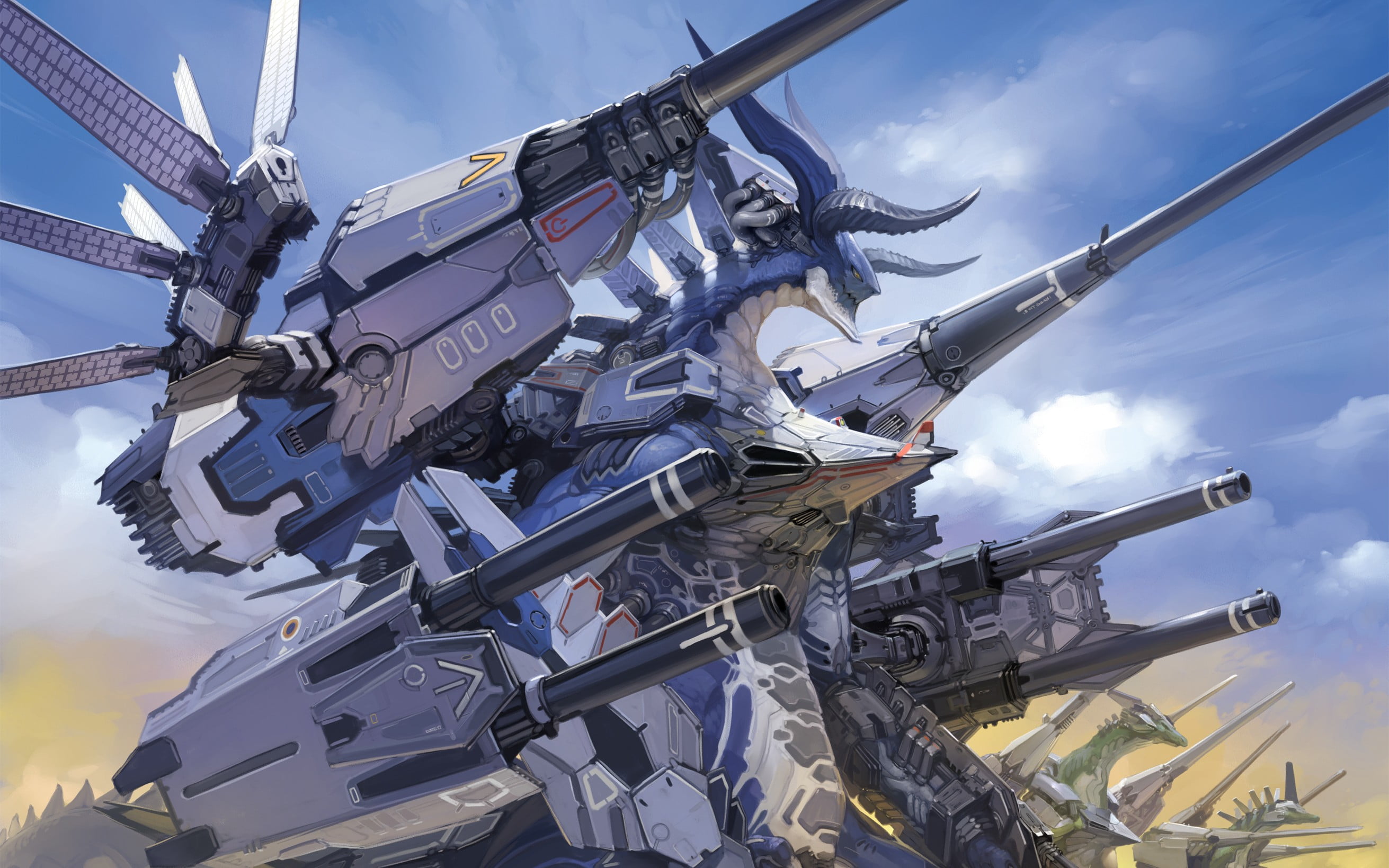 outdoors, no people, technology, Ar Tonelico, sky, dragon, architecture, 2K, aggression, cloud - sky, robot, mode of transportation, helicopter, HD Wallpaper