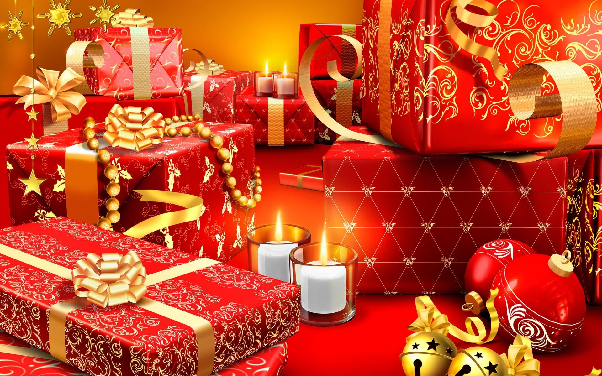 everyone, 3d and abstract, candles, gold, ornaments, ribbon, presents, merry, christmas, 1080P, HD Wallpaper
