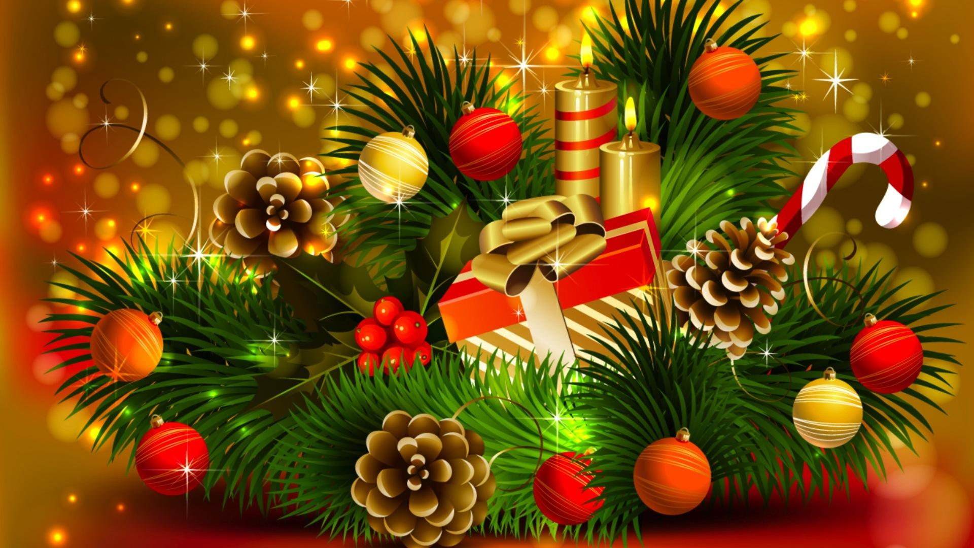 candle, 3d and abstract, candy, green baubles, decoration, presents, christmas, 1080P, cle, HD Wallpaper