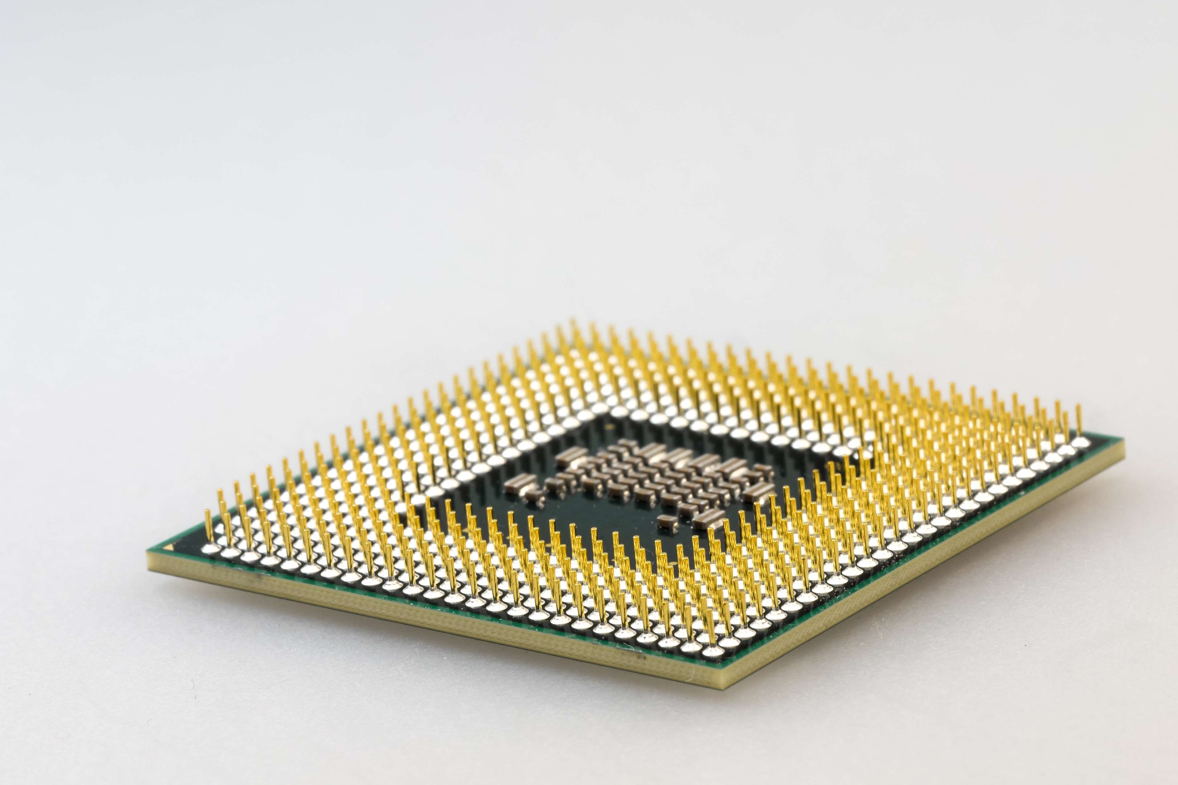 close-up, macro, small, copy space, 2K, studio shot, equipment, pins, chip, gold, processor, white background, shape, yellow, gold colored, no people, HD Wallpaper