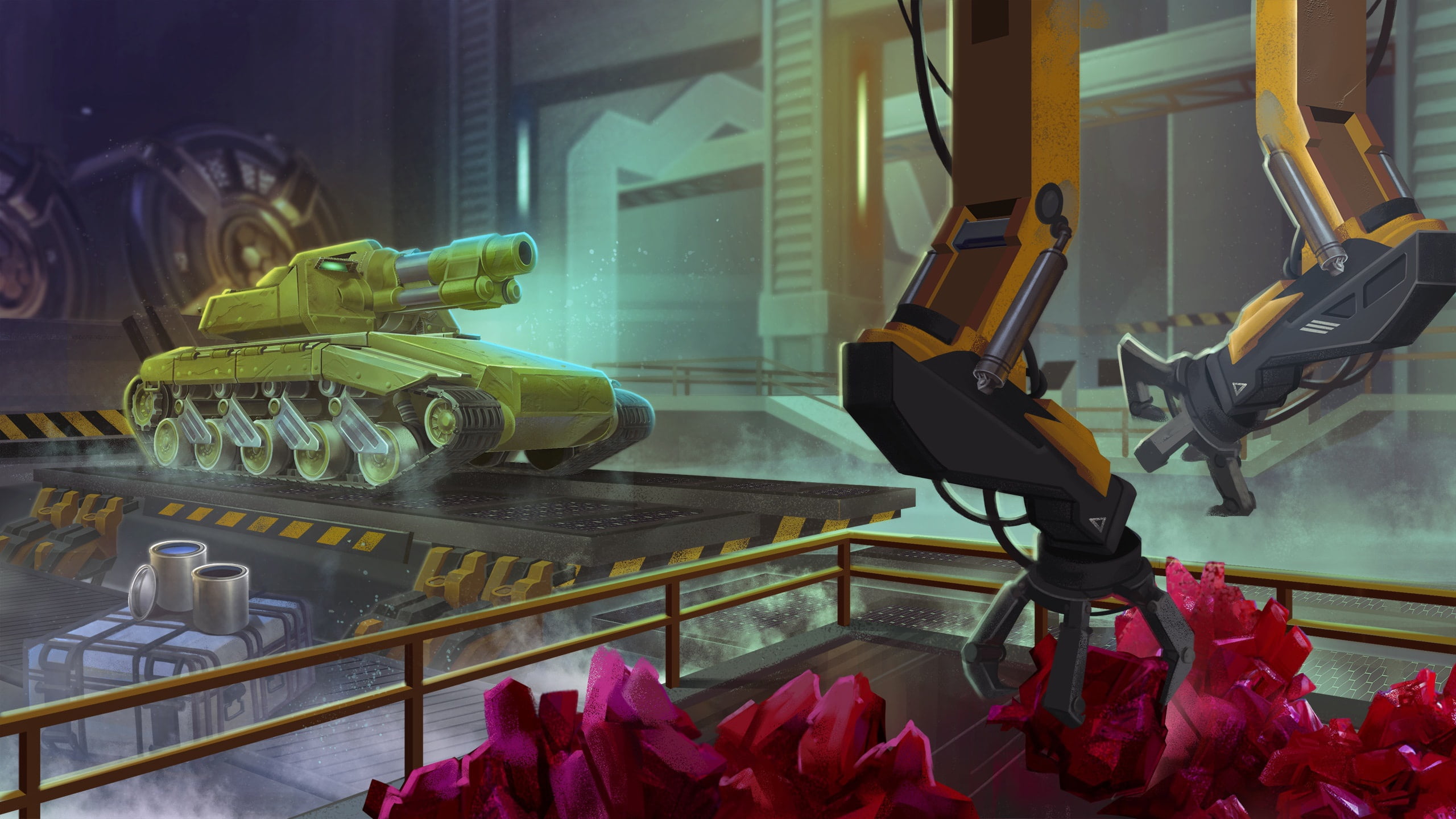 yellow, tanks x, the game, gun, manipulators, the fence, tank, green, black, crystals, 2K, column, TankiX, hangar, box, game, paint, caterpillar, HD Wallpaper