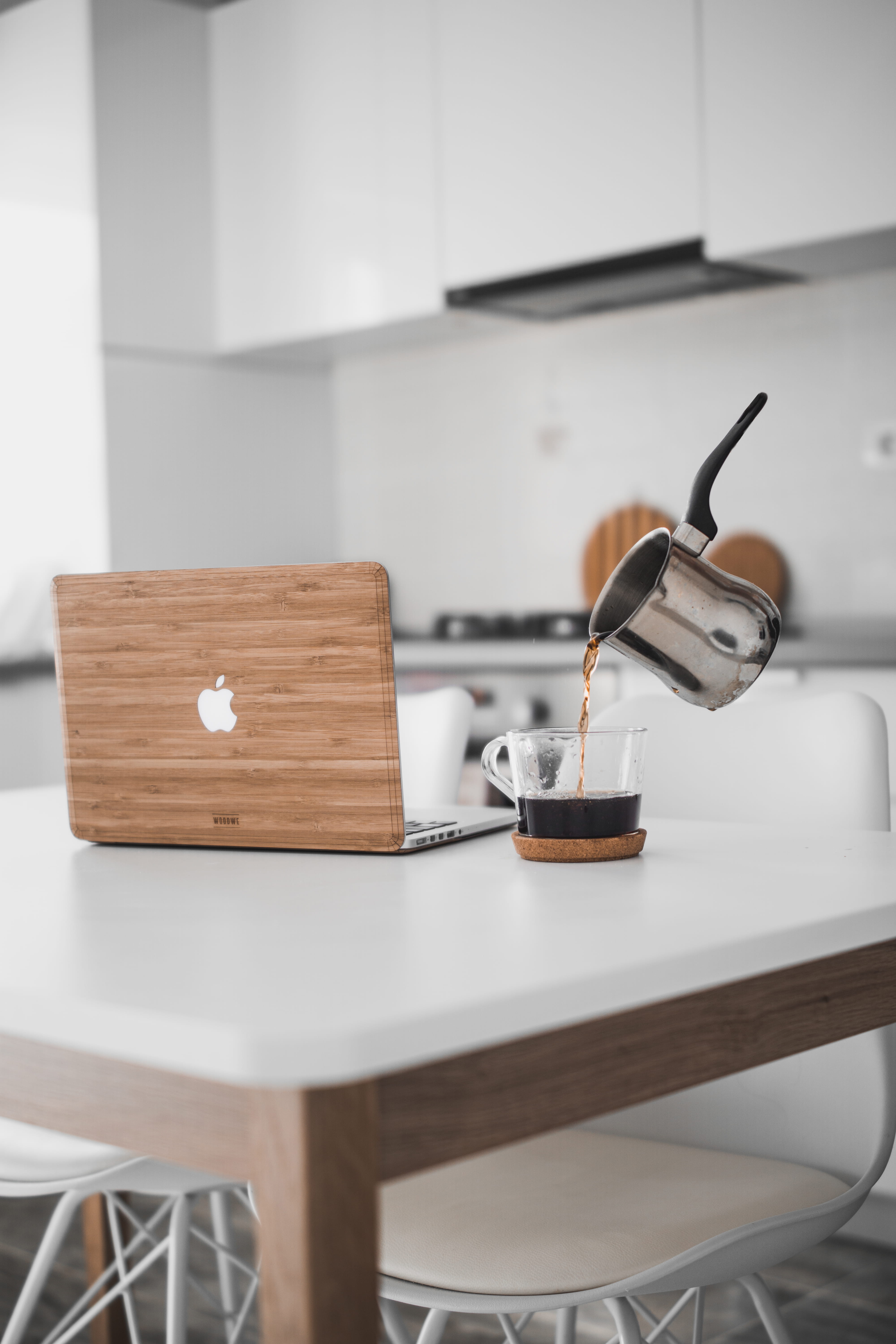 no People, glass, coffee shop, pour, clear, cezve, macbook, desk, domestic Room, minimal, wooden, tech, black, indoors, coffee, business, home Interior, Phone HD Wallpaper