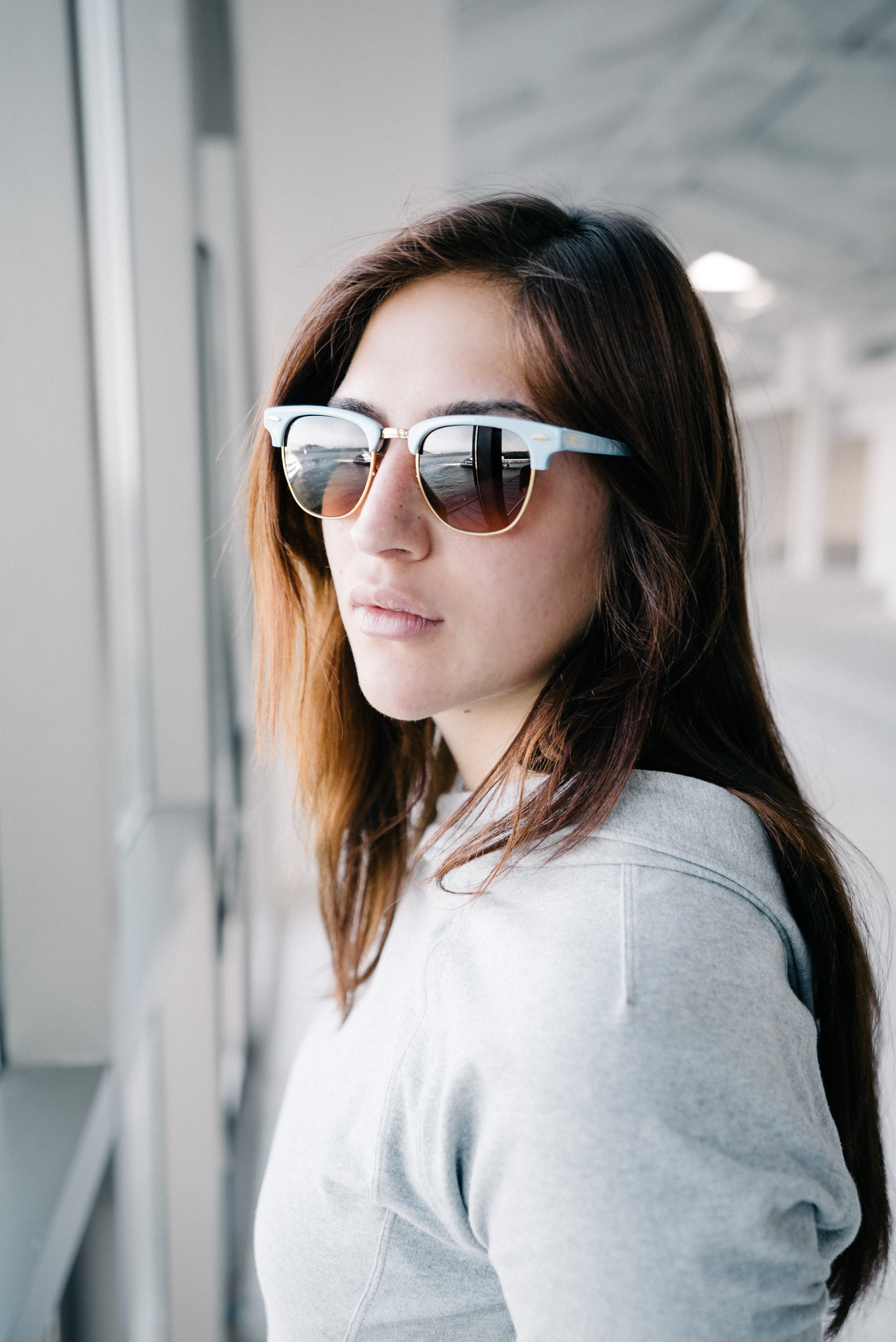 glasses, clothing, sweater, woman, accessory, long hair, focus on foreground, white, goggles, women, brown hair, young adult, photography, portrait, sweatshirt, Phone HD Wallpaper