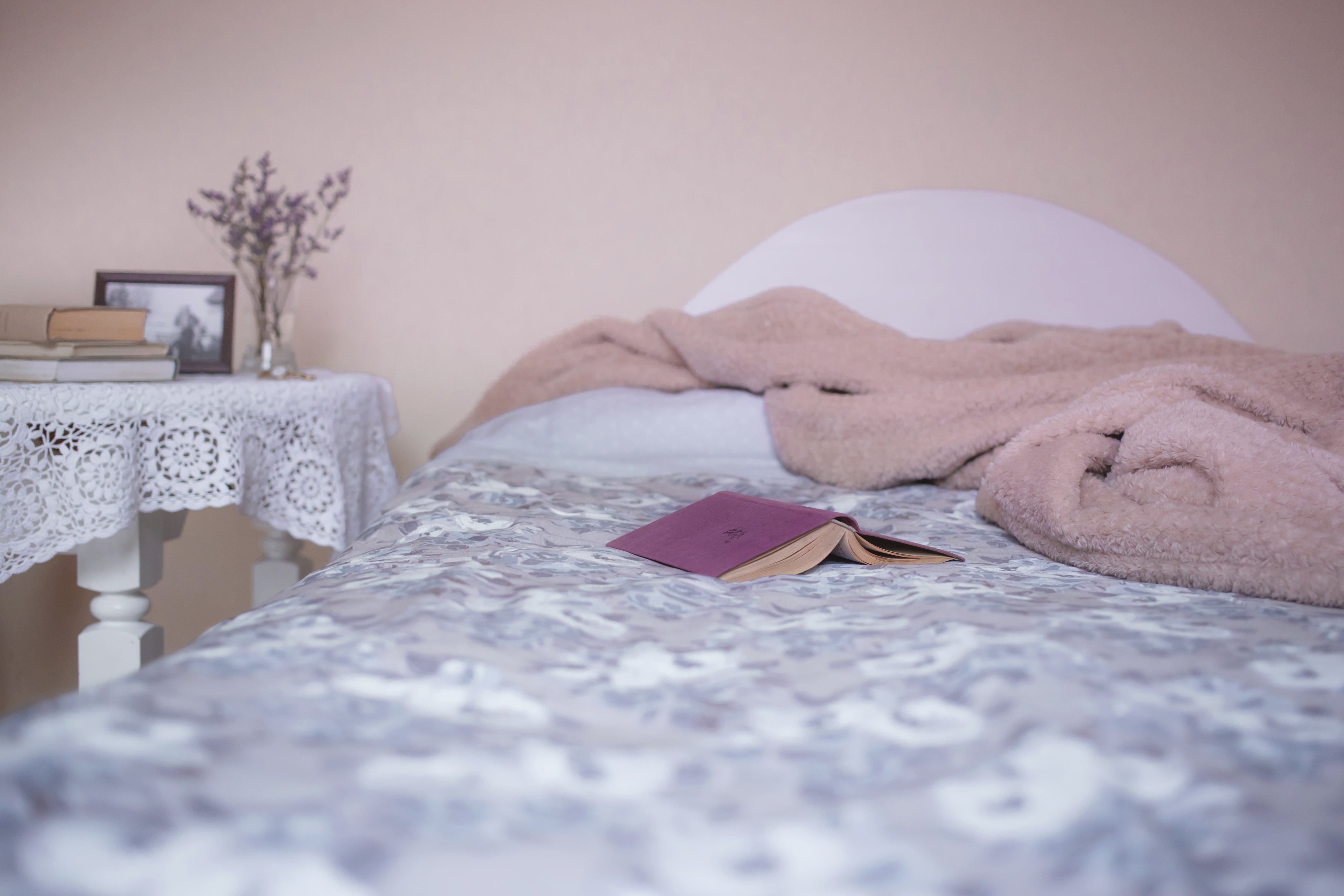 bed, people, interior design, domestic room, lace table cover, wooden table, window, relaxation, 5K, blanket, representation, one woman only, adult, bedroom, HD Wallpaper