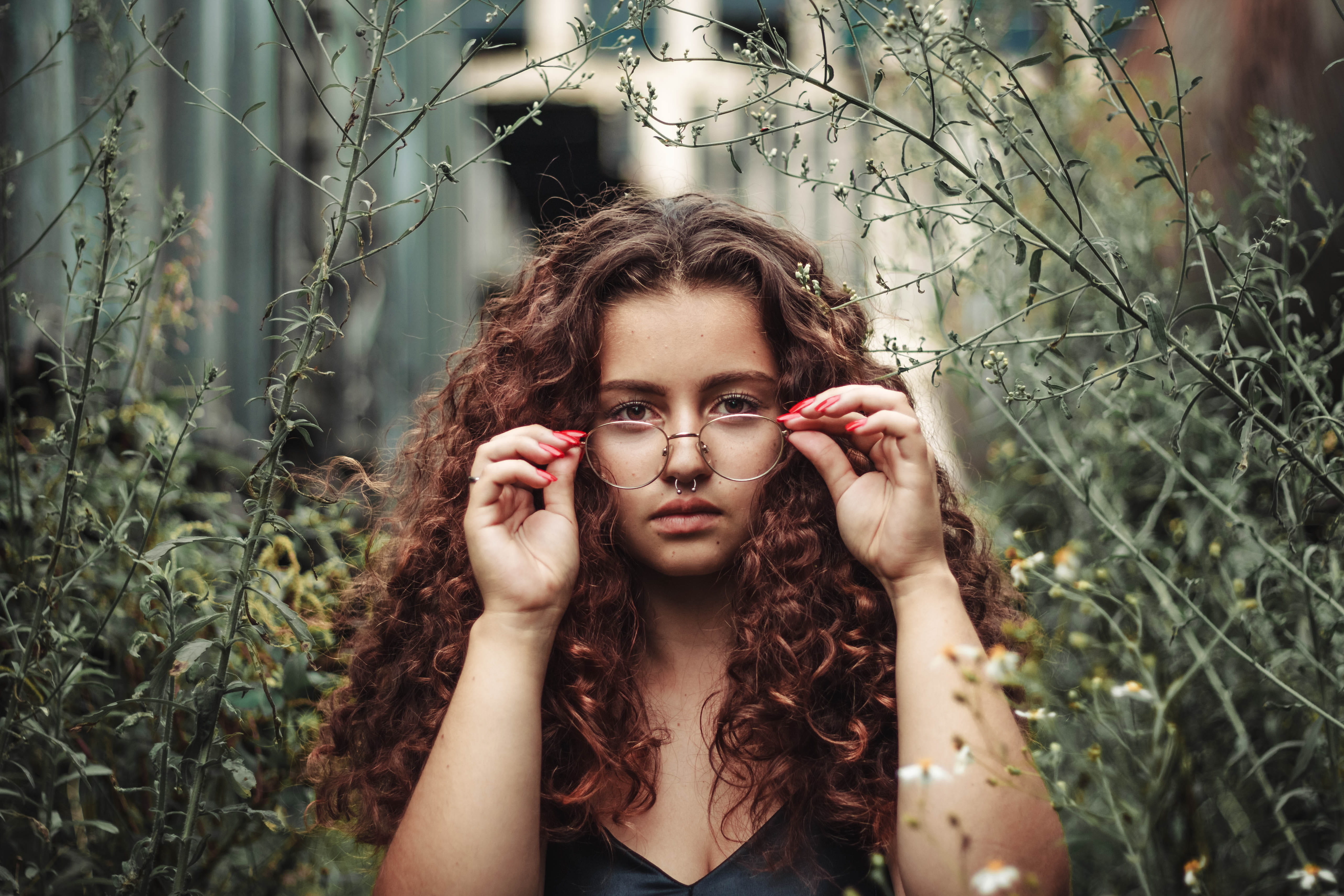 nature, headshot, looking at camera, outdoors, accessories, beauty, person, one person, plant, focus, contemplation, daytime, long hair, child, photo, young women, HD Wallpaper