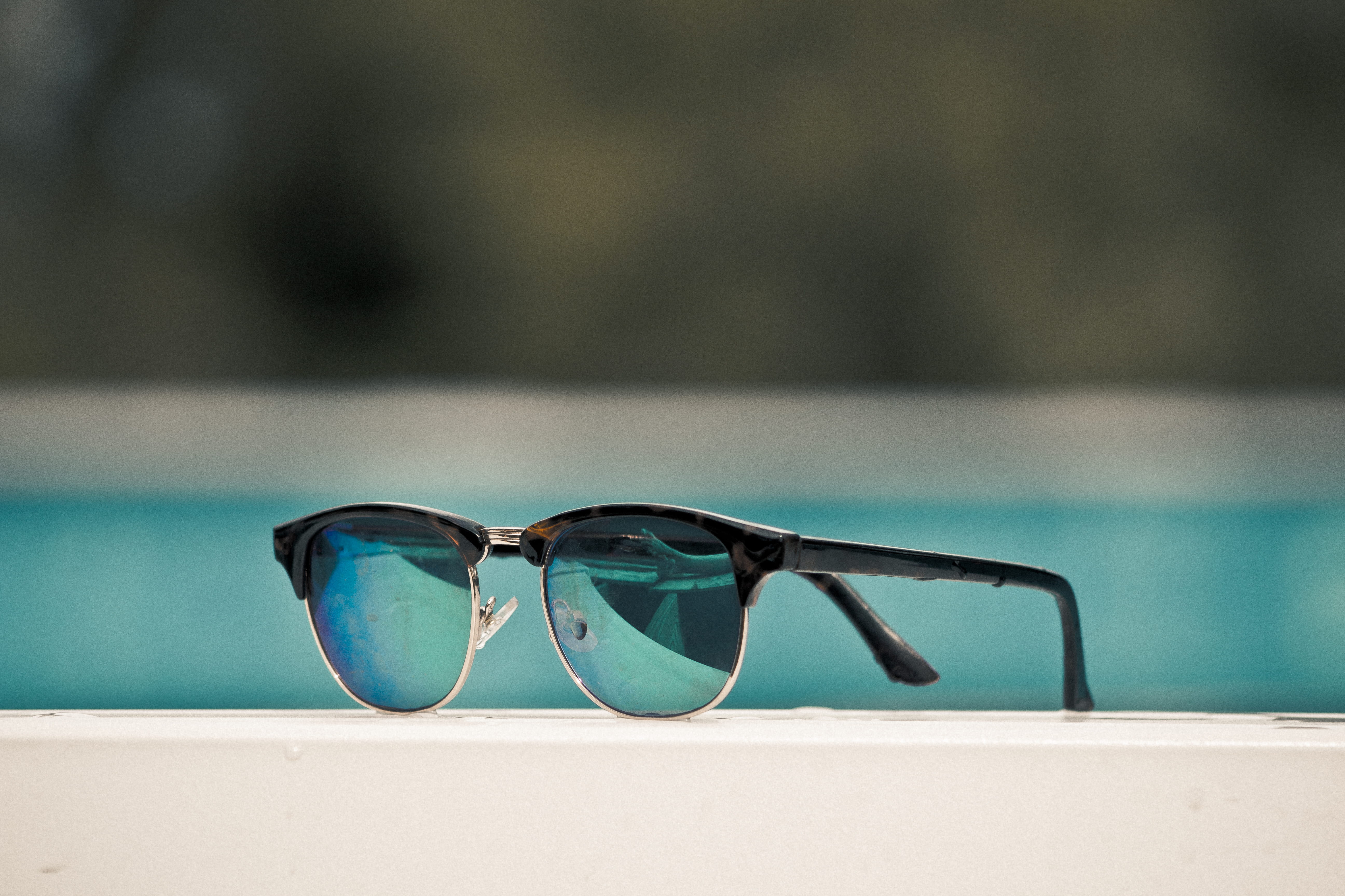 blue, spectacle, sunglass, clubmaster, pool, eyeglasses, white, focus on foreground, outdoors, surface, swimming pool, black, land, water, vacations, framed, HD Wallpaper