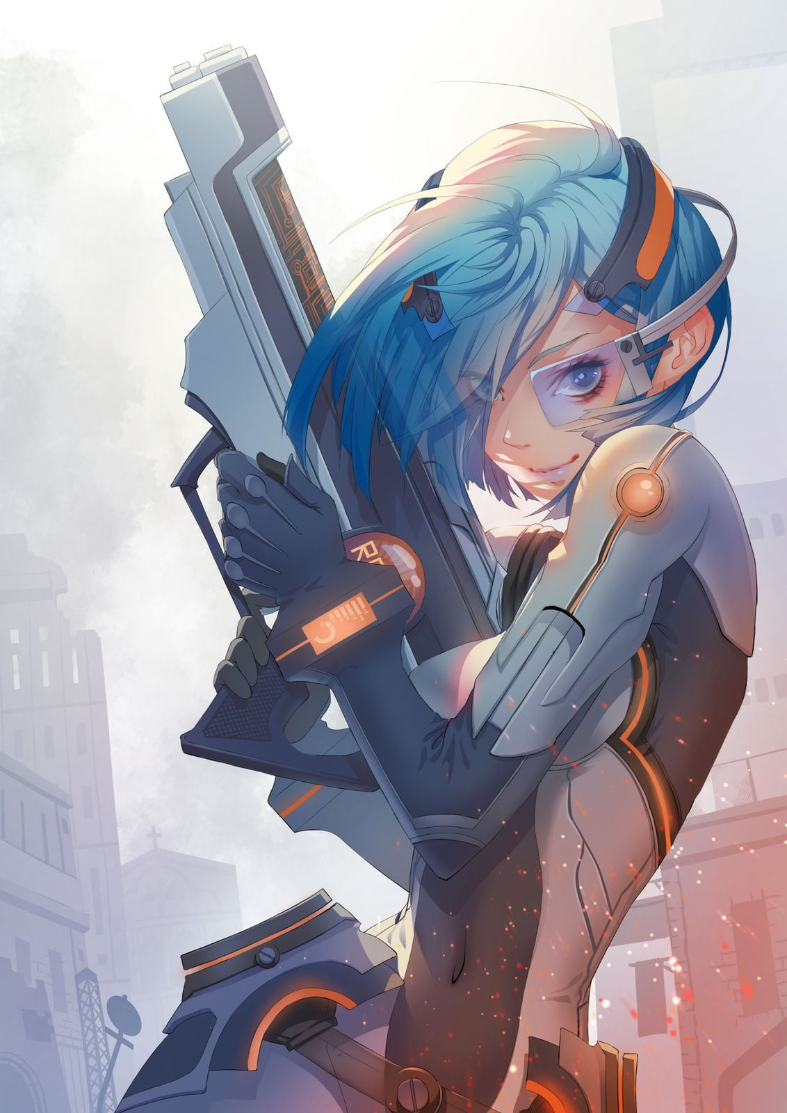 720P, blue hair, business, digital composite, architecture, rifles, well-dressed, anime girls, technology, emotion, businessman, adult, short hair, women, Phone HD Wallpaper