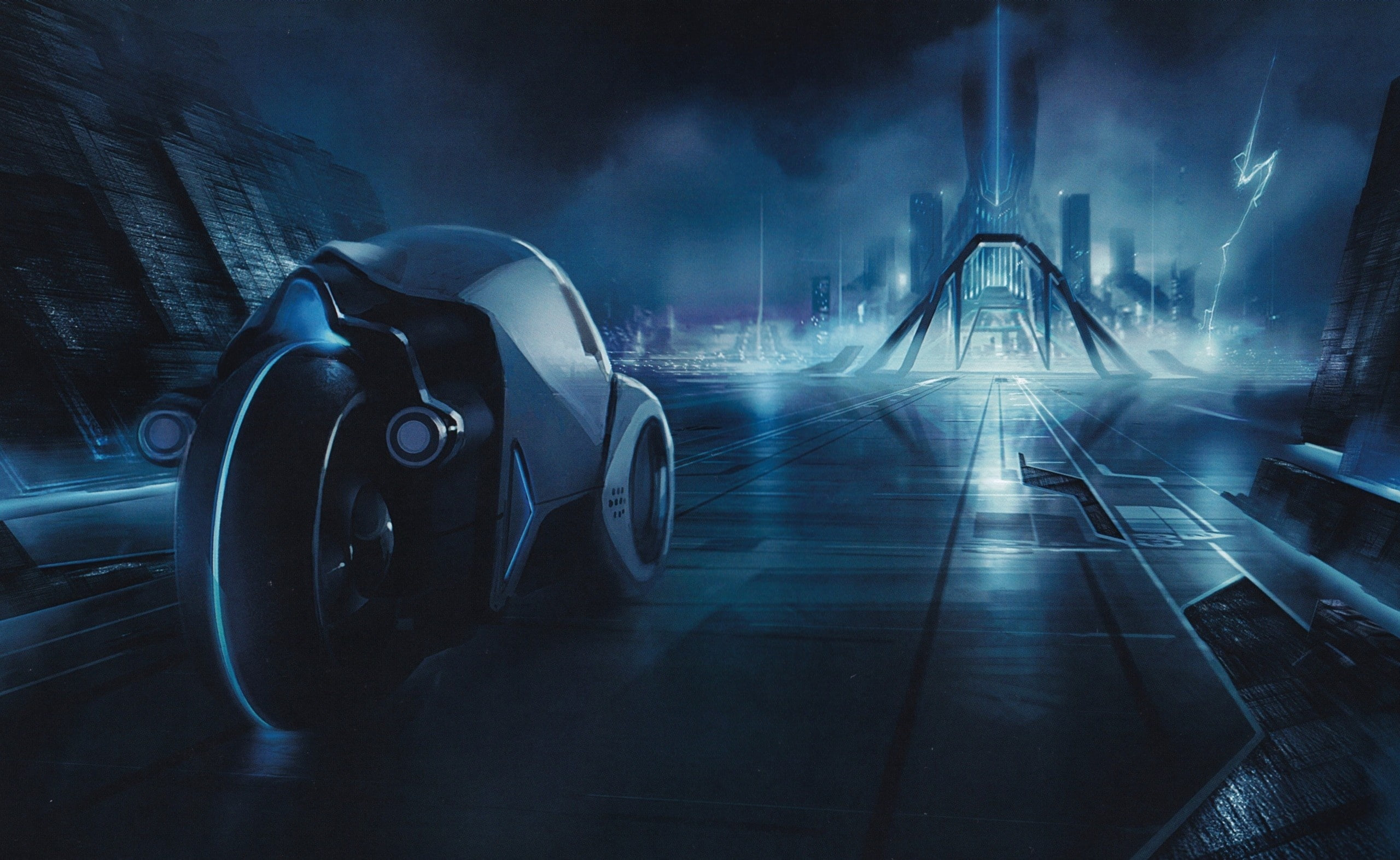 2K, illuminated, communication, lighting equipment, Tron, transportation, long exposure, City, travel, architecture, motion, Tron Legacy, no people, digital composite, HD Wallpaper