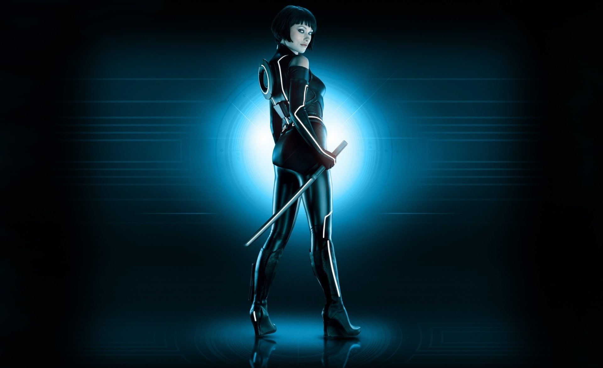 Film, olivia wilde, clothing, sports clothing, 1080P, blue, arts culture and entertainment, blue background, young adult, Tron, illuminated, silver, music, HD Wallpaper