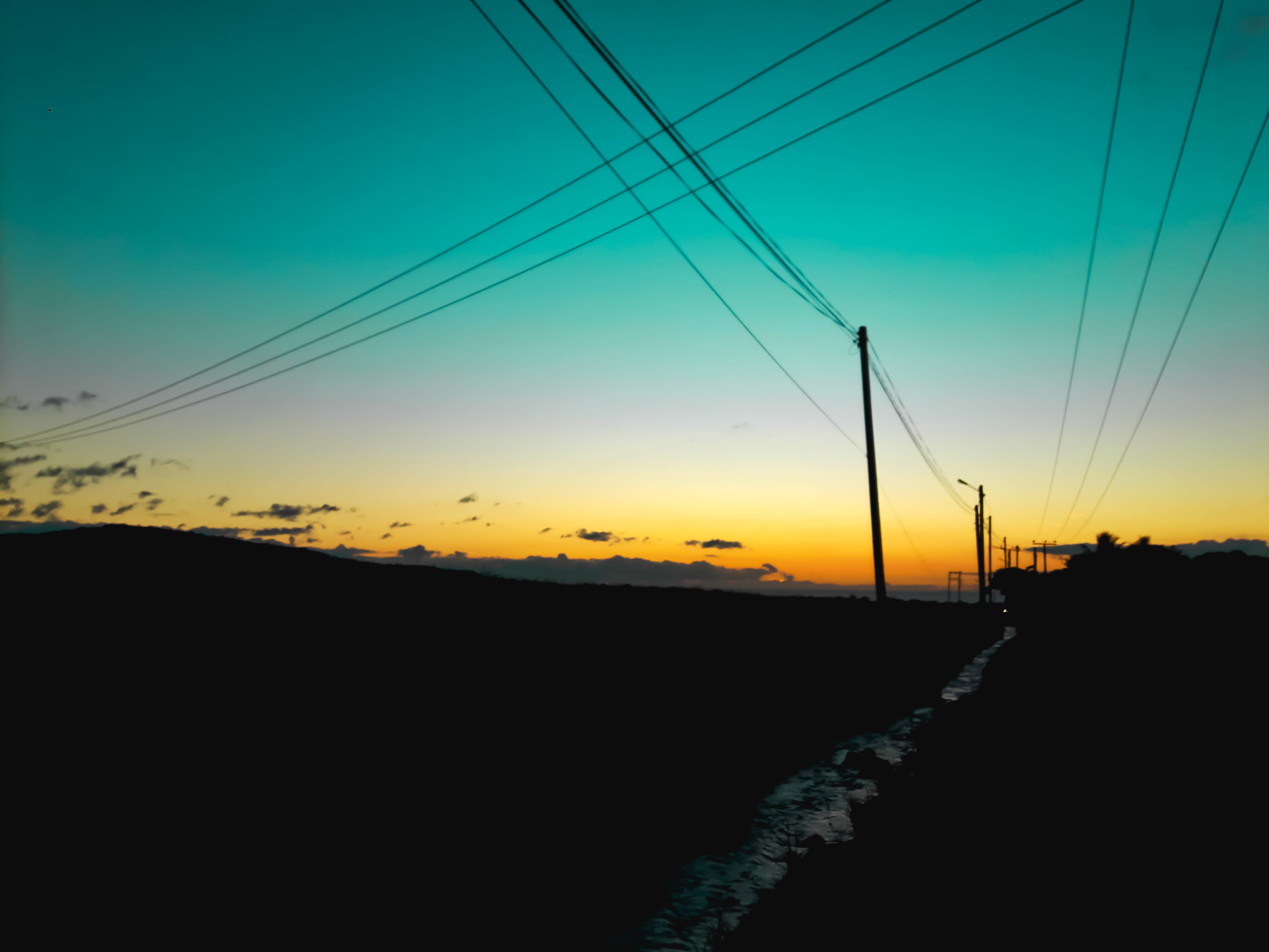 scenics - nature, no people, mauritius, electricity, power supply, beau bassin-rose hill, beauty in nature, tranquil scene, sky, outdoors, silhouette, orange color, HD Wallpaper