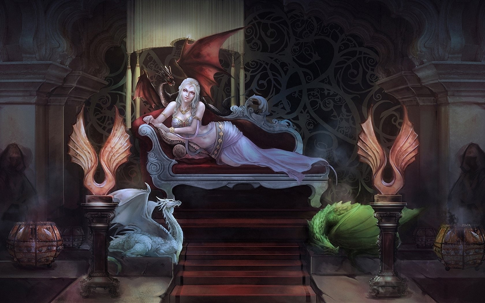 Sofa, throne, ice, Column, male likeness, representation, game, art and craft, female likeness, belief, girl, human representation, indoors, fire, of, a, HD Wallpaper