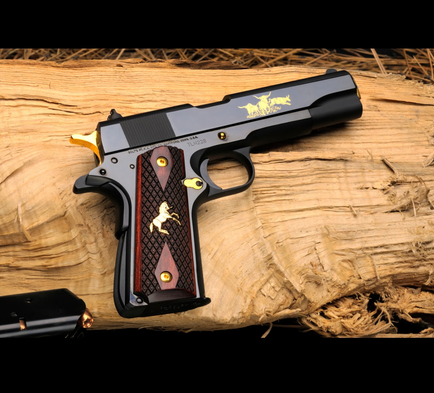 communication, bullet, indoors, government, 1911, 720P, table, close-up, security, directly above, social issues, law, colt, ammunition, gun, weapon, wood - material, HD Wallpaper