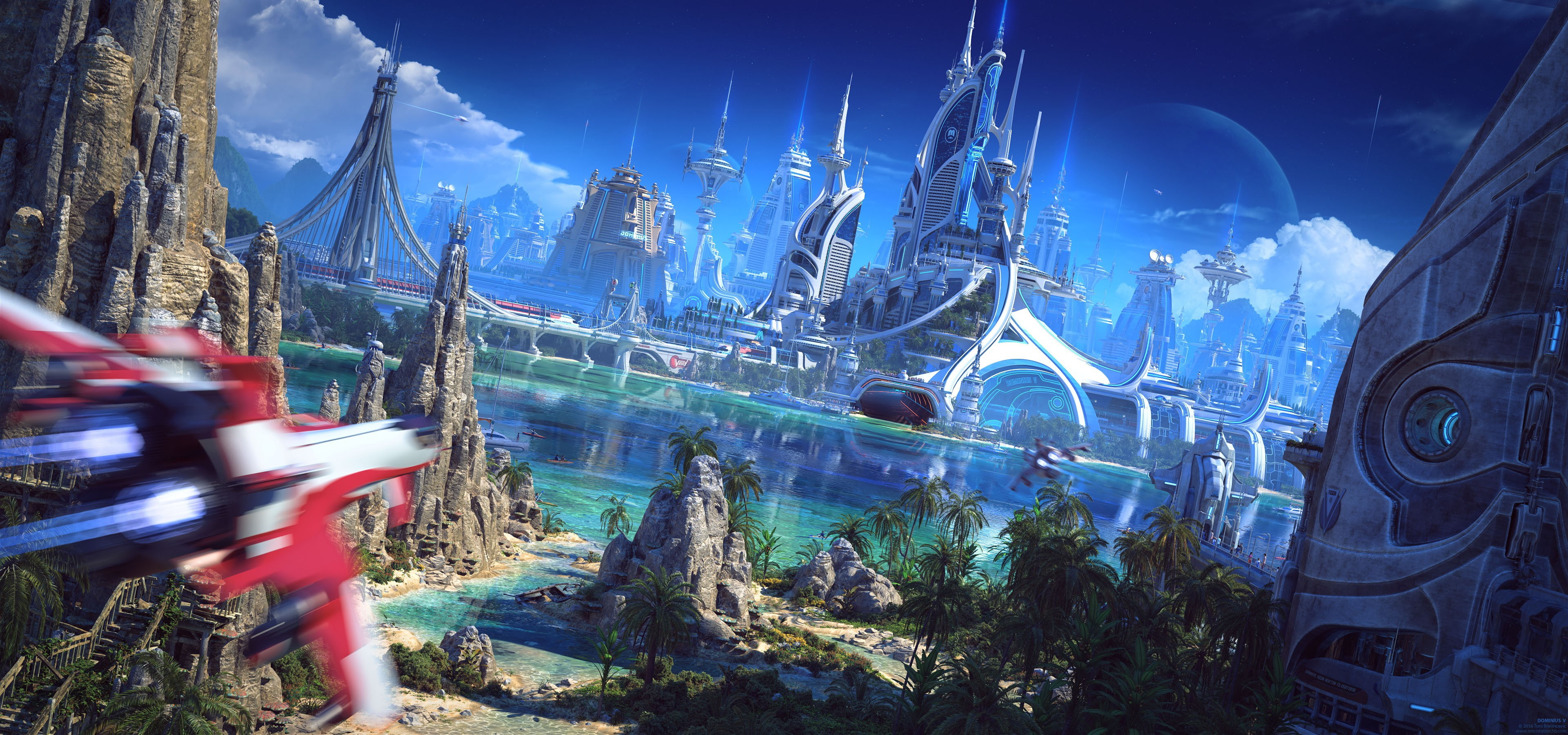 rocks, river, palace, vessel, Spaceship, sand, sailboat, palm trees, beach, bridge, 4K, suna, futuristic world, HD Wallpaper