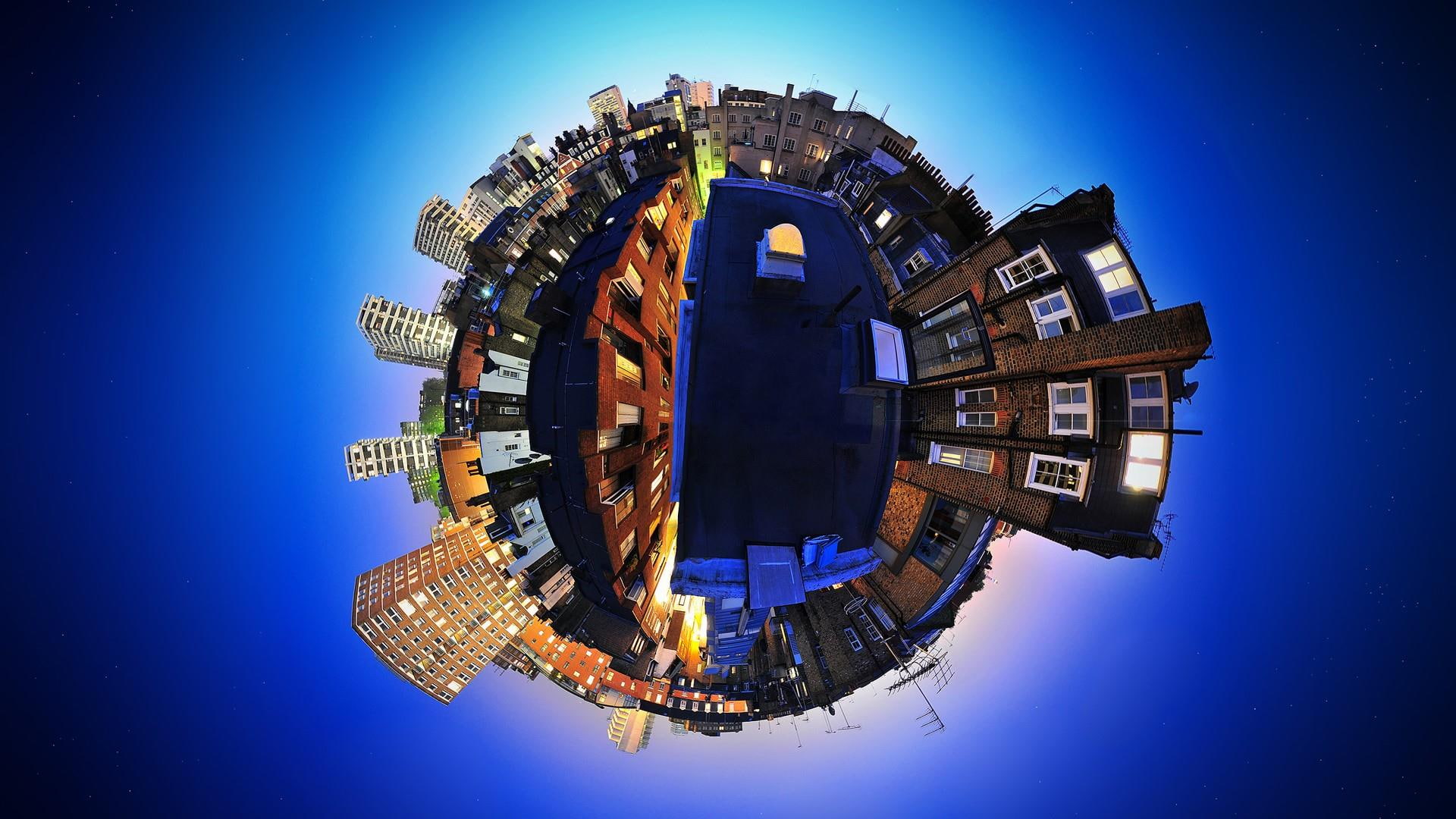 evening, round, little planet, 1080P, tiny planet, photography, tiny planet effect, sphere, night, buildings, city, sky, little planet effect, HD Wallpaper